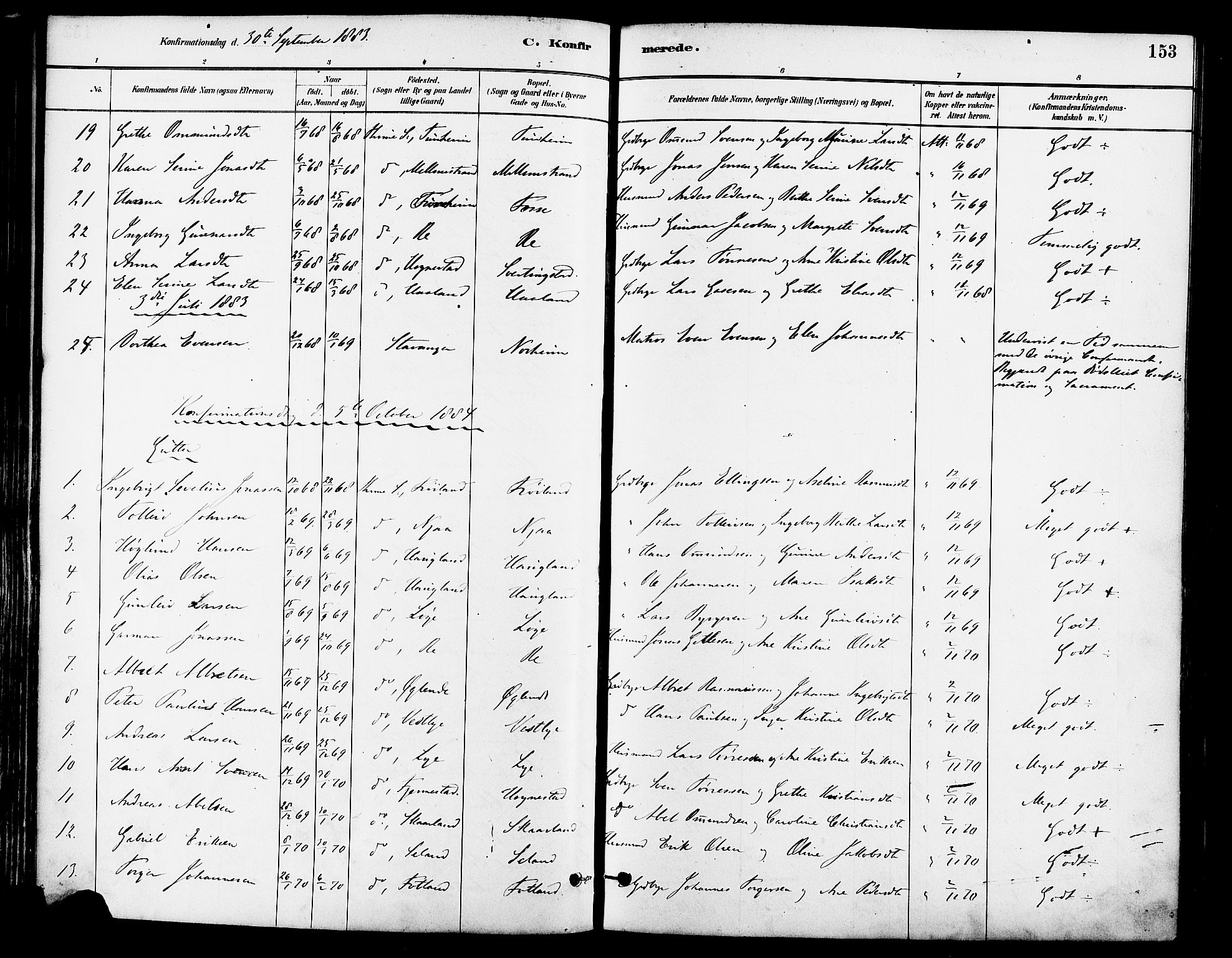 Lye sokneprestkontor, SAST/A-101794/001/30BA/L0009: Parish register (official) no. A 8, 1881-1892, p. 153