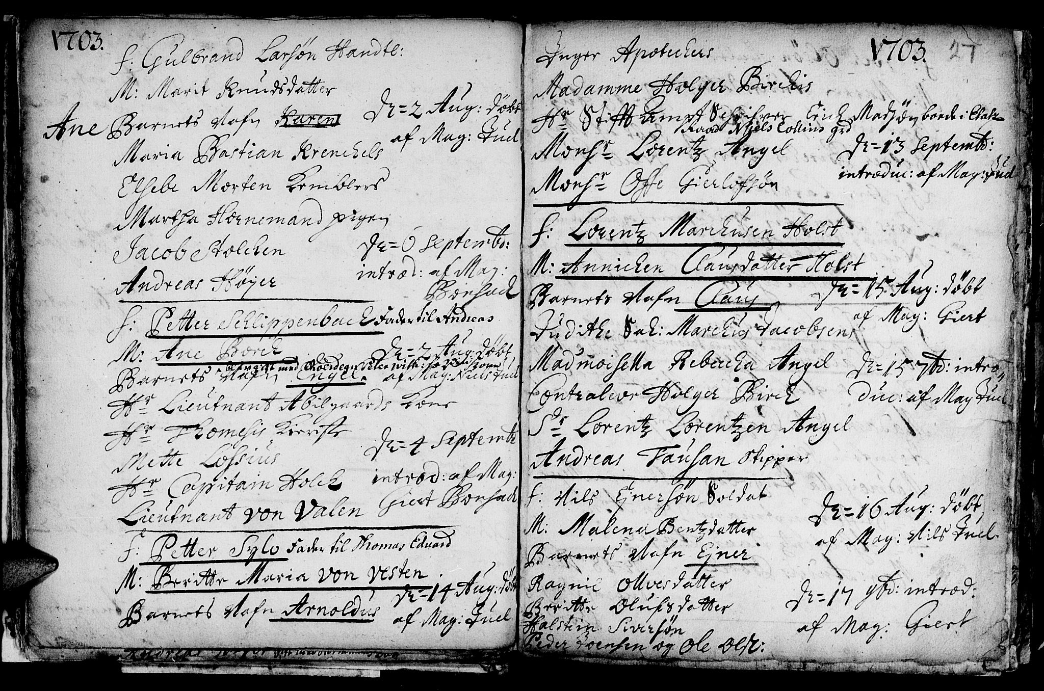 Ministerialprotokoller, klokkerbøker og fødselsregistre - Sør-Trøndelag, SAT/A-1456/601/L0034: Parish register (official) no. 601A02, 1702-1714, p. 27