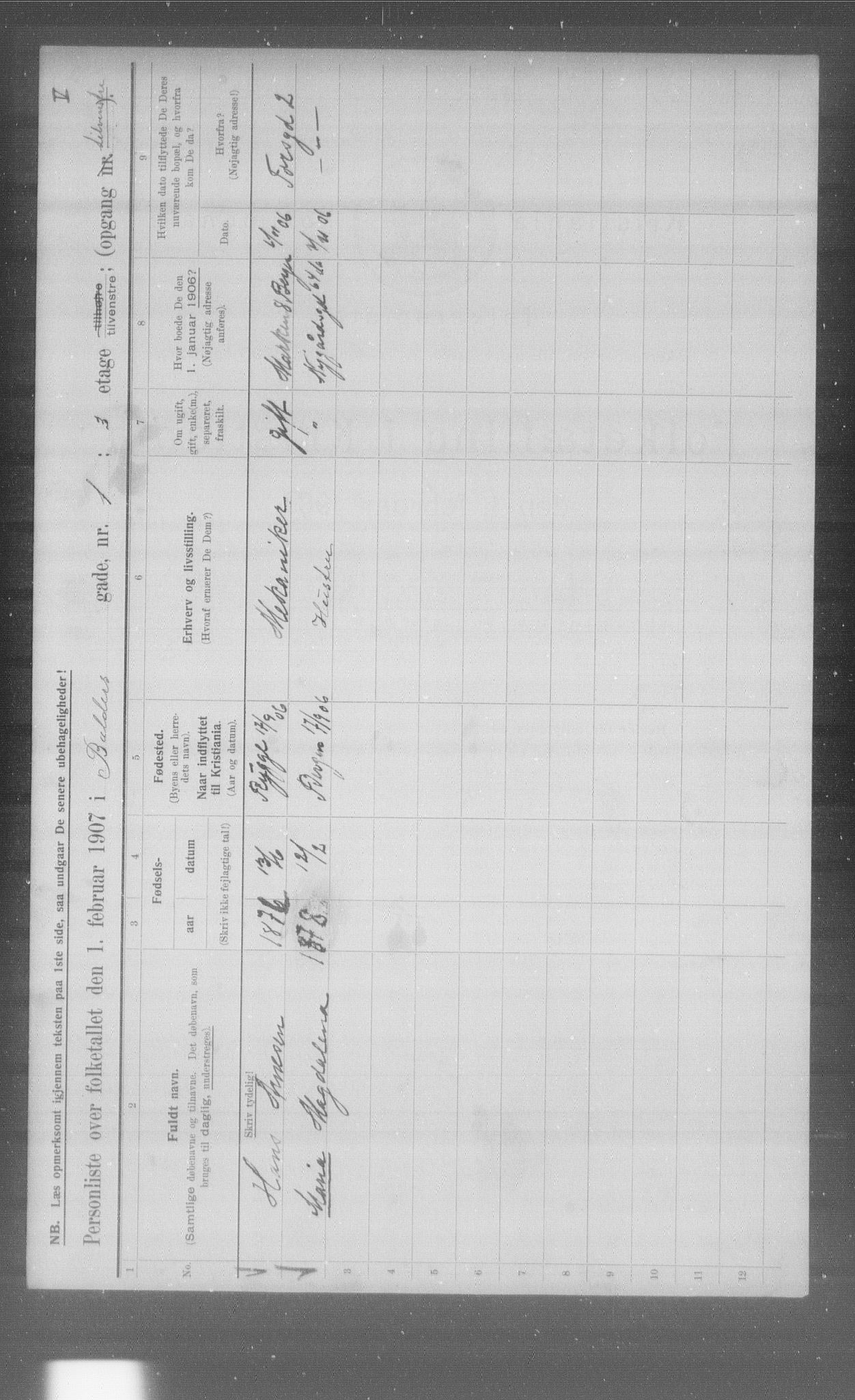 OBA, Municipal Census 1907 for Kristiania, 1907, p. 1633