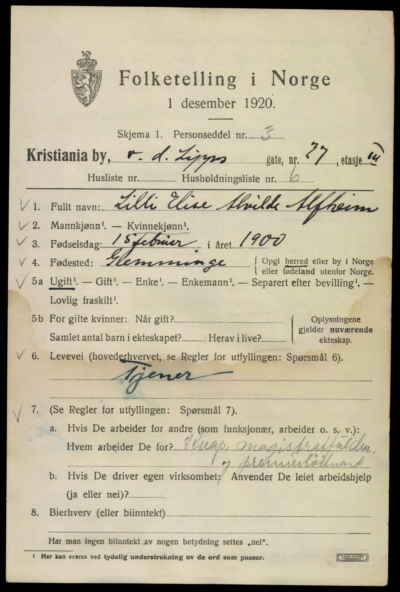 SAO, 1920 census for Kristiania, 1920, p. 644061