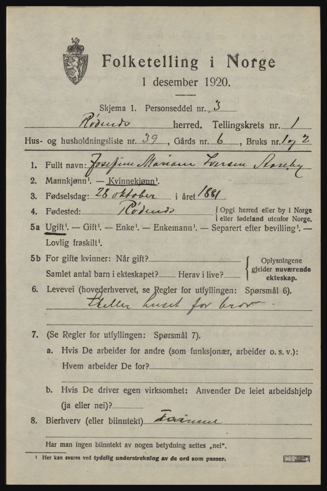 SAO, 1920 census for Rødenes, 1920, p. 960