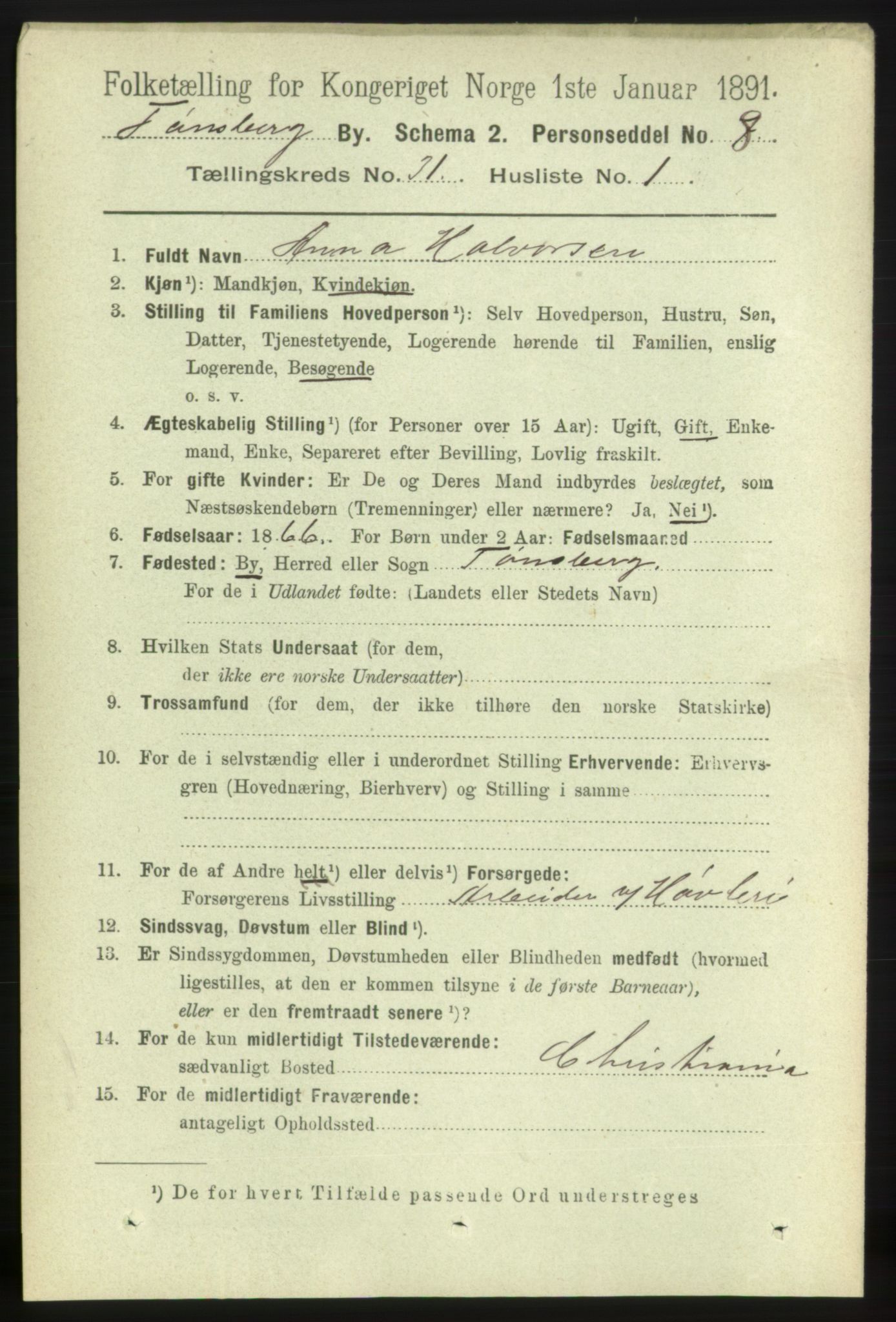 RA, 1891 census for 0705 Tønsberg, 1891, p. 7383