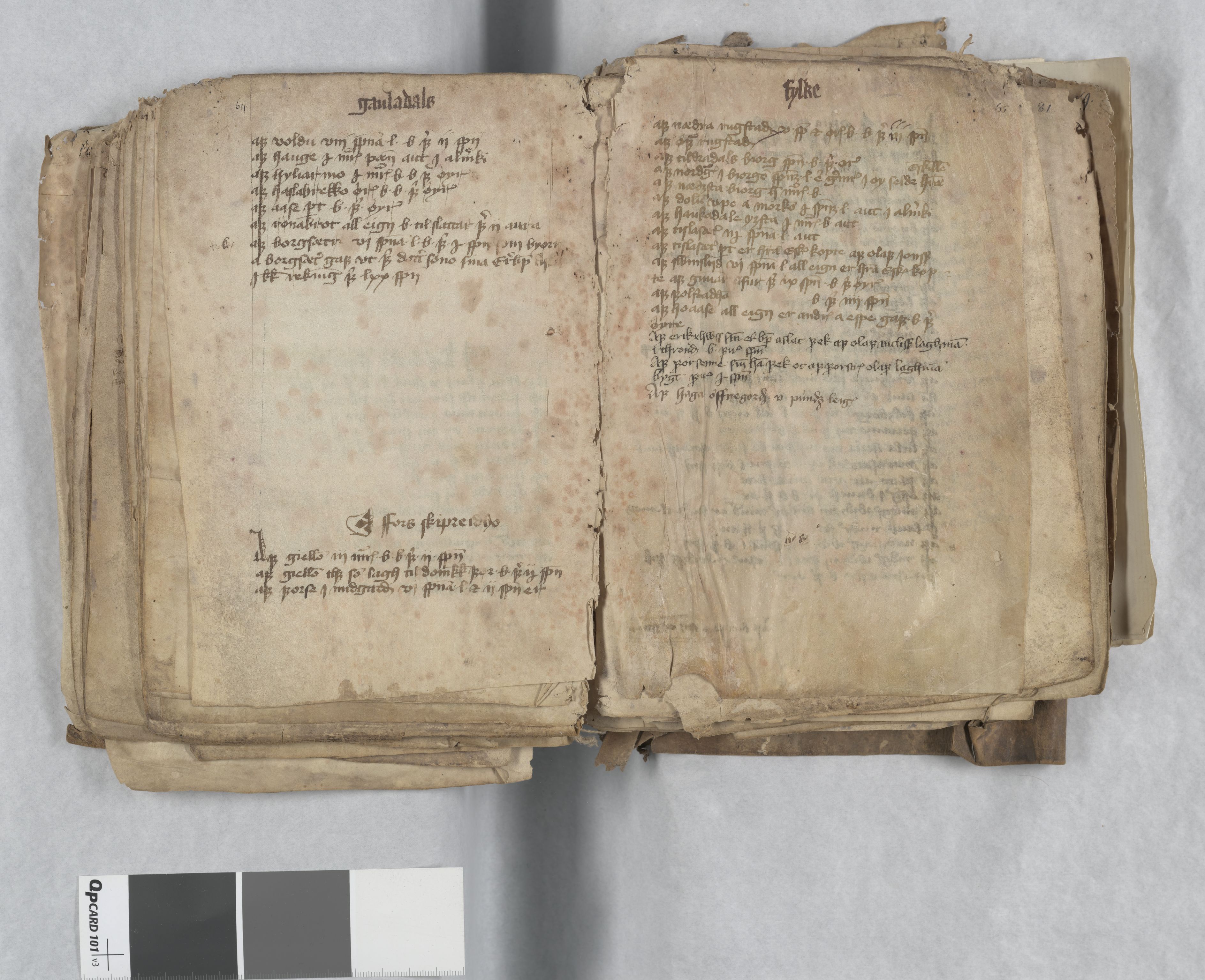 Riksarkivets diplomsamling, AV/RA-EA-5965/F13/F13c/L0001a/0001: NRA dipl. München papir, nr. 4292 Aslak Bolts jordebok. / 4292: Aslak Bolts jordebok, 1430-1439, p. 64-65
