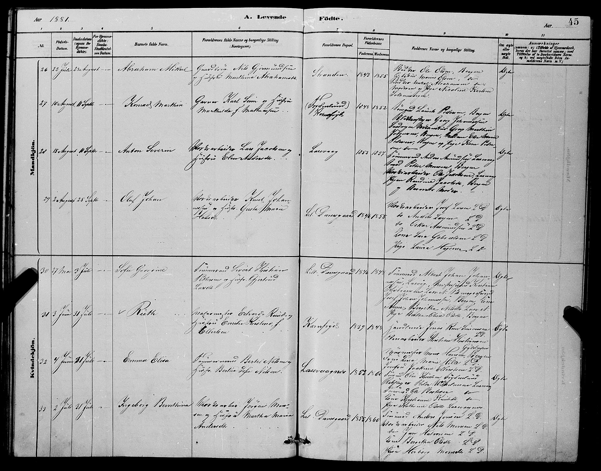 Laksevåg Sokneprestembete, AV/SAB-A-76501/H/Ha/Hab/Haba/L0002: Parish register (copy) no. A 2, 1877-1887, p. 45