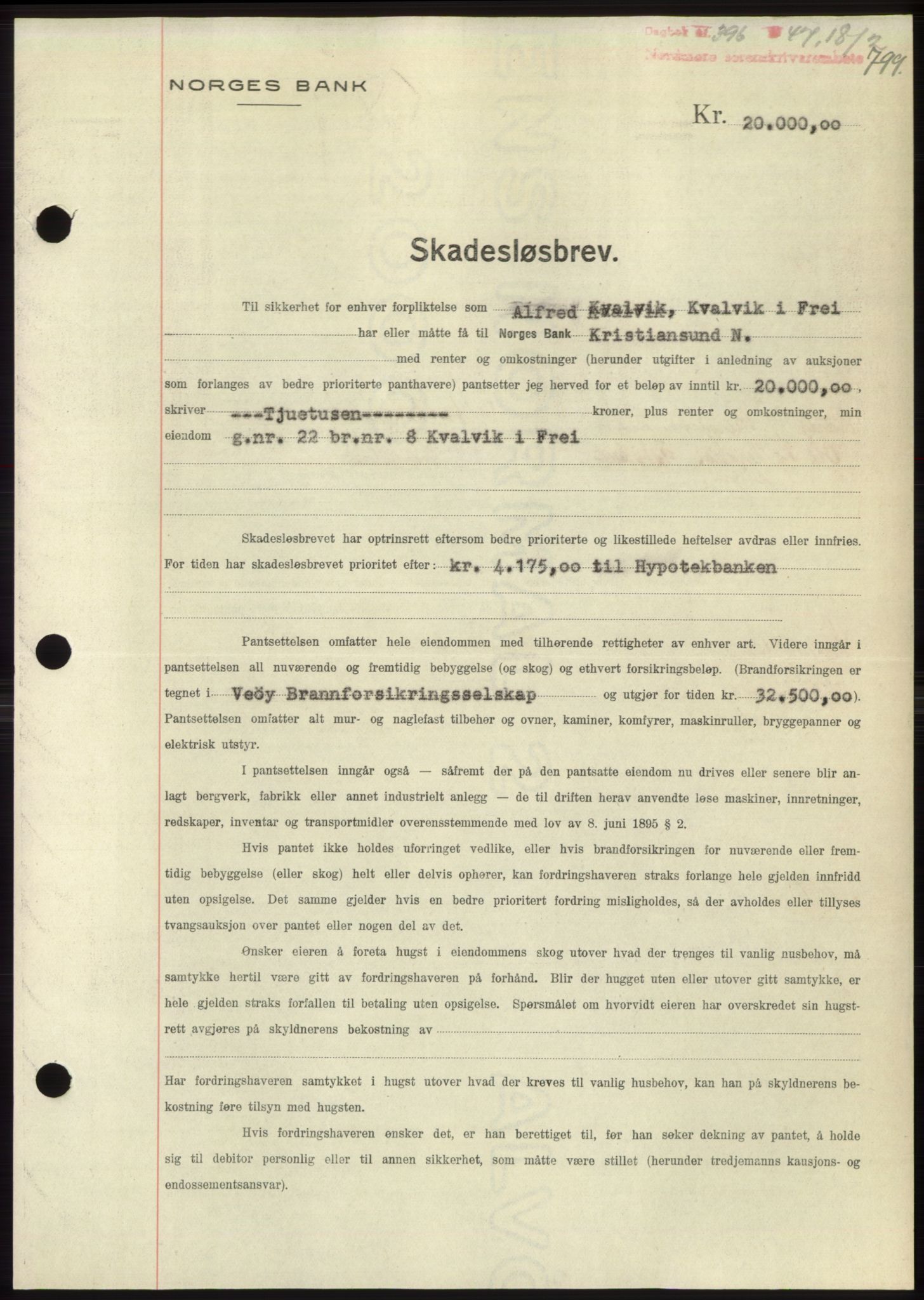 Nordmøre sorenskriveri, AV/SAT-A-4132/1/2/2Ca: Mortgage book no. B95, 1946-1947, Diary no: : 396/1947