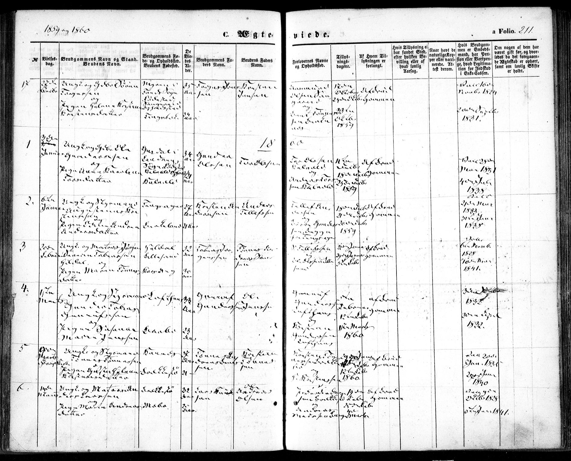 Vestre Moland sokneprestkontor, SAK/1111-0046/F/Fa/Fab/L0007: Parish register (official) no. A 7, 1859-1872, p. 211