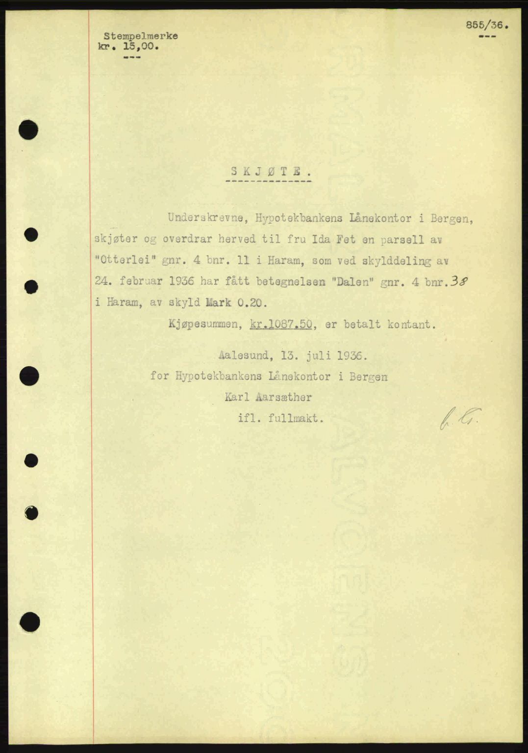 Nordre Sunnmøre sorenskriveri, AV/SAT-A-0006/1/2/2C/2Ca: Mortgage book no. A1, 1936-1936, Diary no: : 855/1936