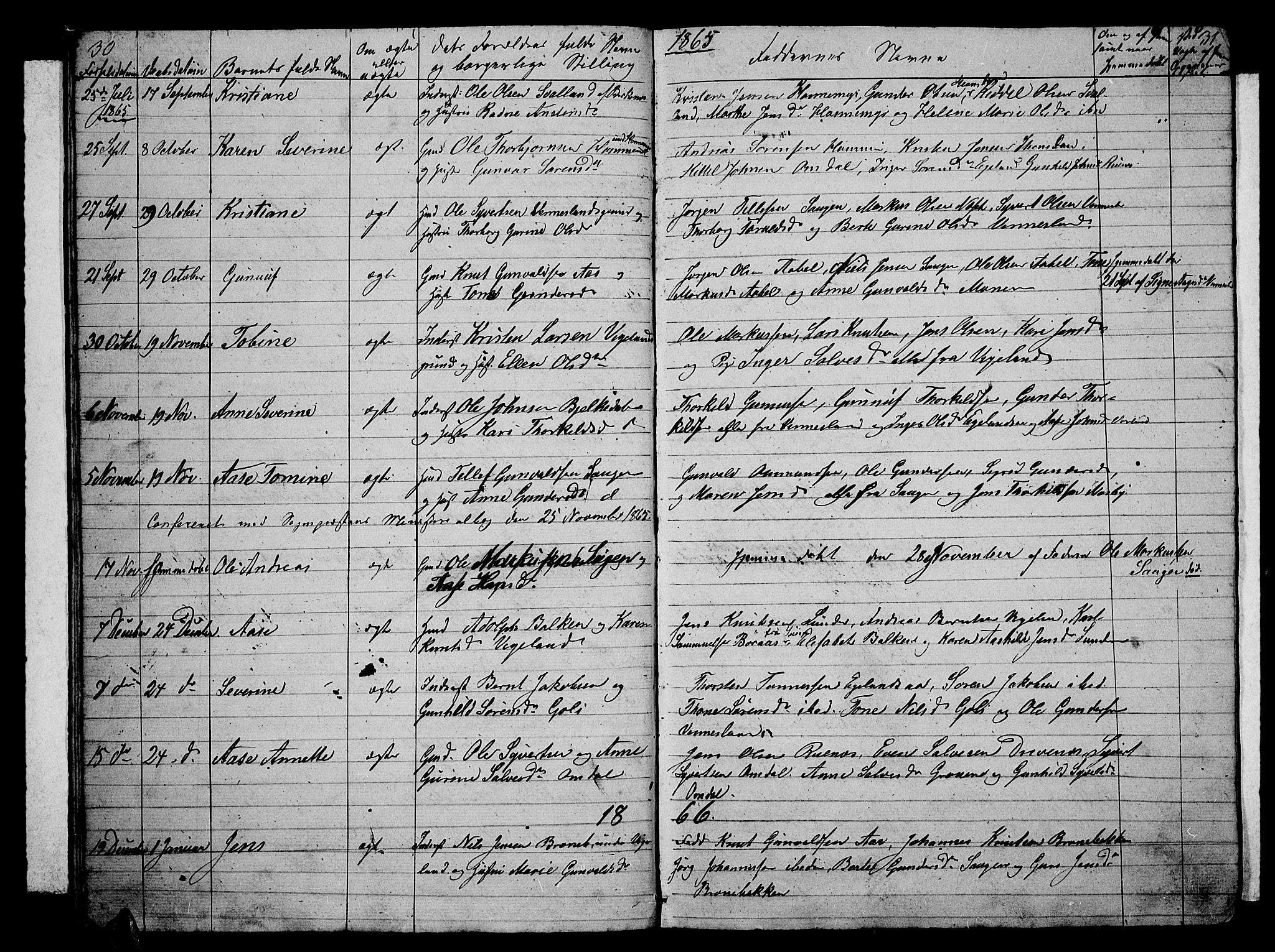 Vennesla sokneprestkontor, AV/SAK-1111-0045/Fb/Fbb/L0002: Parish register (copy) no. B 2, 1859-1879, p. 30-31