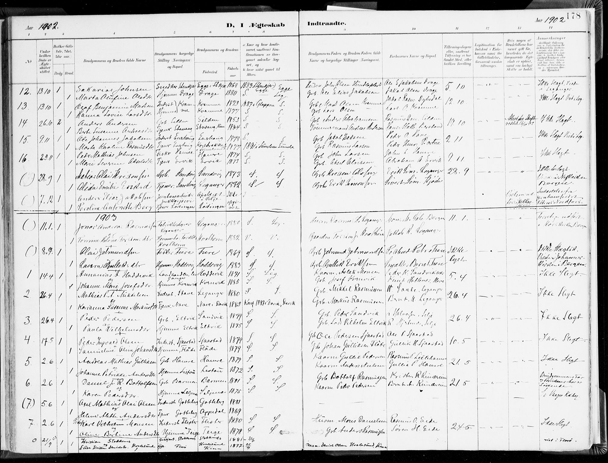 Selje sokneprestembete, SAB/A-99938/H/Ha/Haa/Haab: Parish register (official) no. B 2, 1891-1907, p. 178