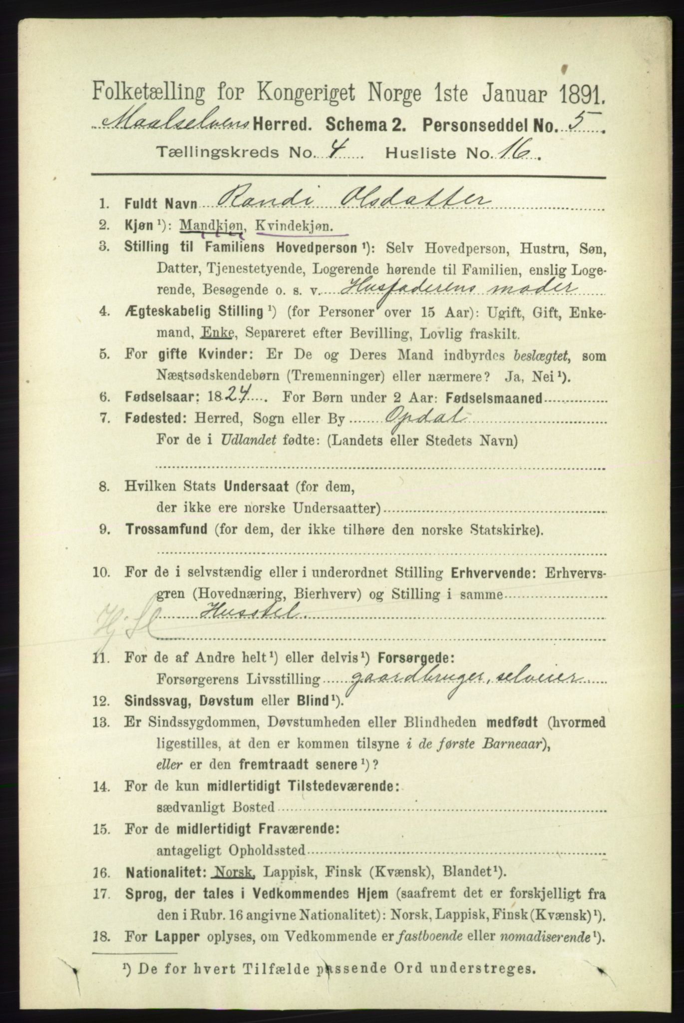 RA, 1891 census for 1924 Målselv, 1891, p. 1184