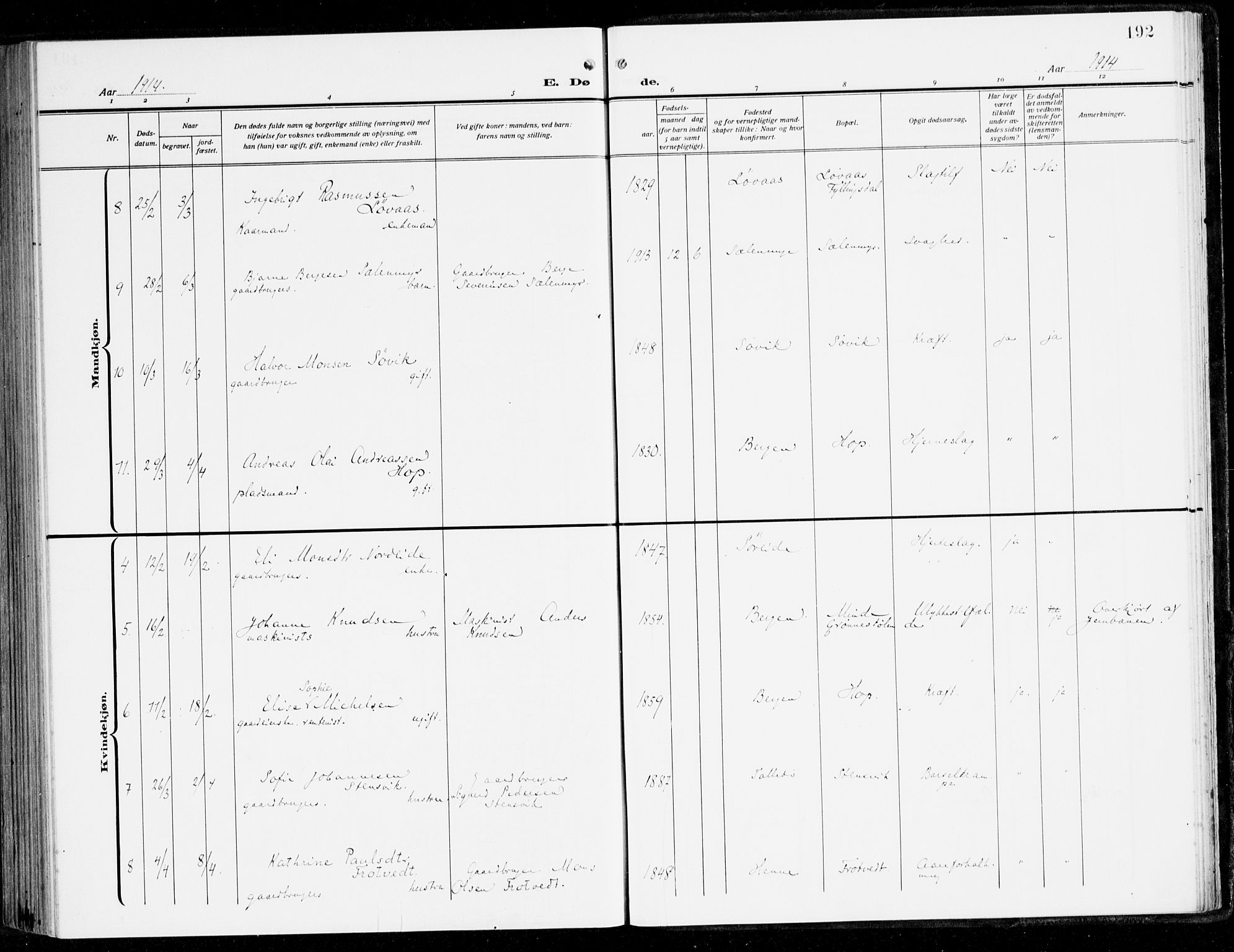 Fana Sokneprestembete, AV/SAB-A-75101/H/Haa/Haai/L0004: Parish register (official) no. I 4, 1912-1933, p. 192