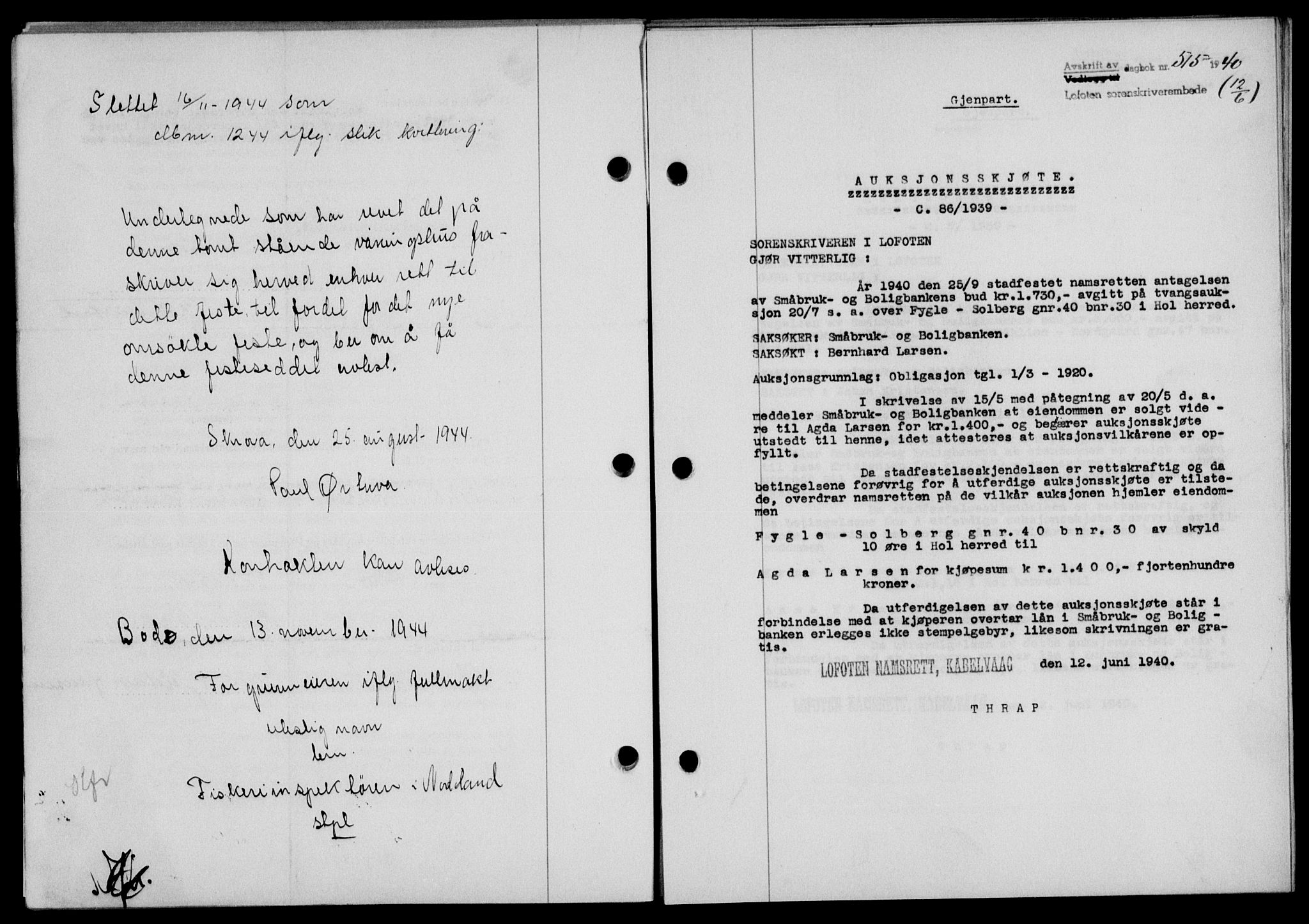 Lofoten sorenskriveri, SAT/A-0017/1/2/2C/L0007a: Mortgage book no. 7a, 1939-1940, Diary no: : 515/1940