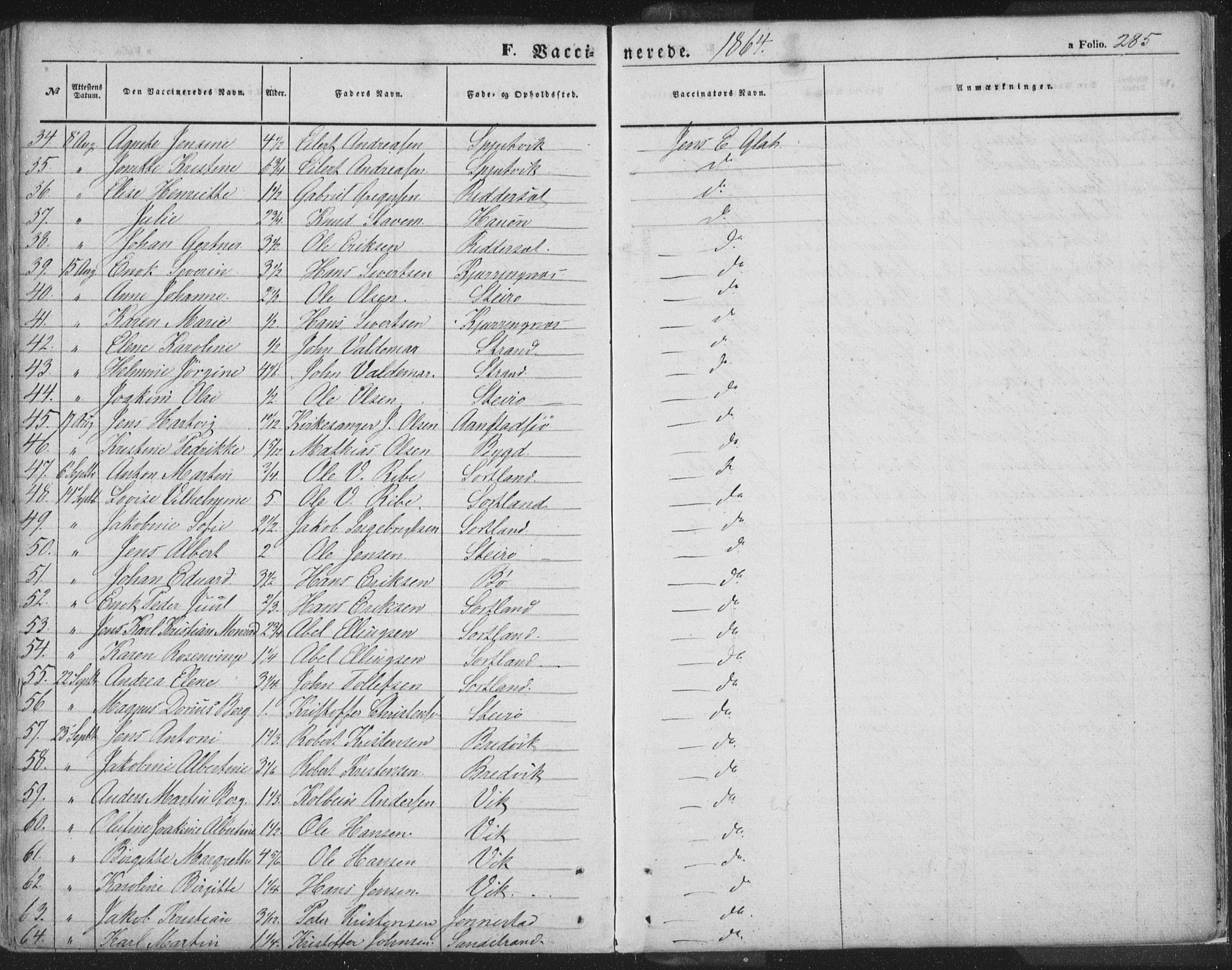 Ministerialprotokoller, klokkerbøker og fødselsregistre - Nordland, AV/SAT-A-1459/895/L1369: Parish register (official) no. 895A04, 1852-1872, p. 285