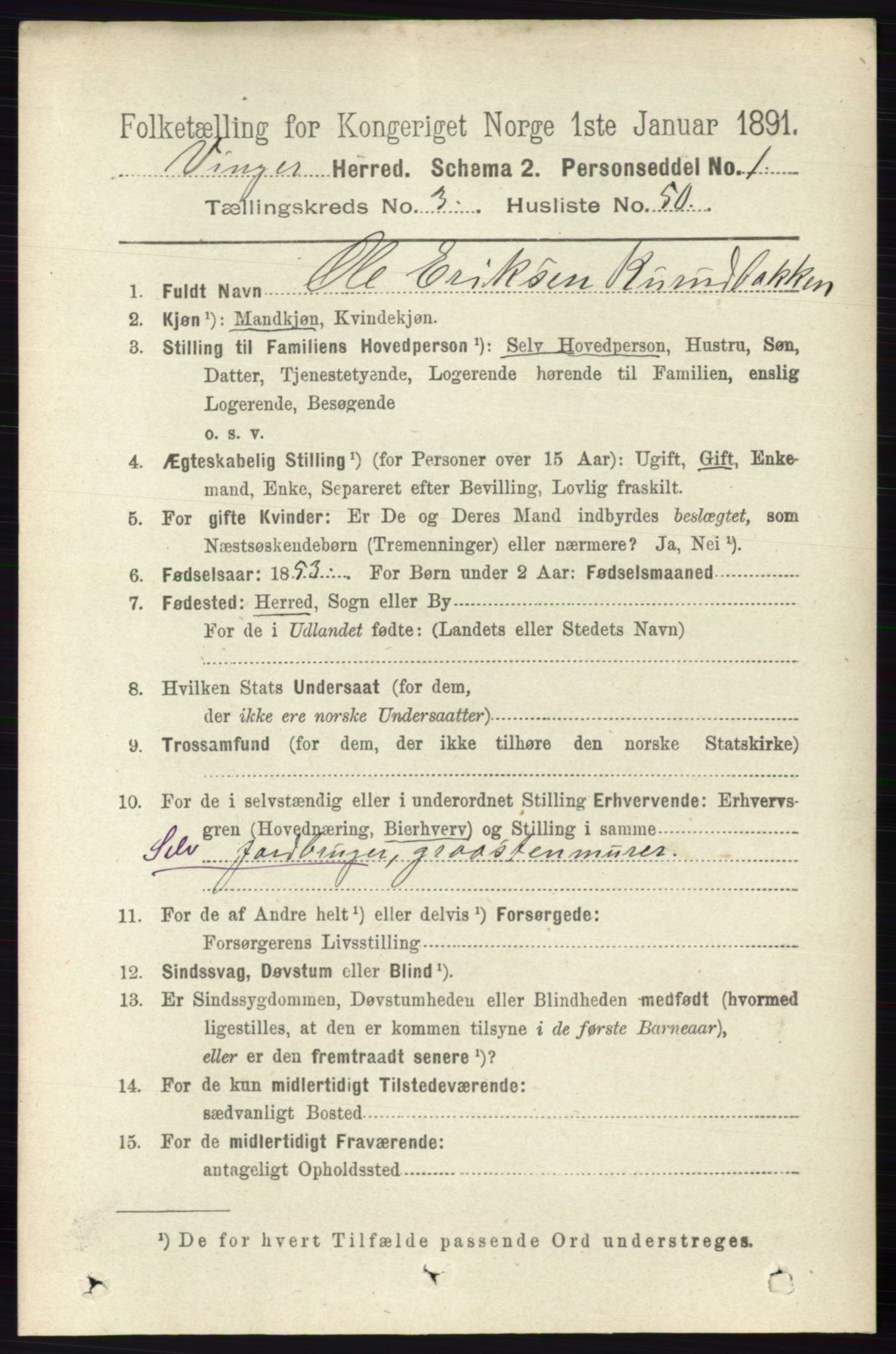 RA, 1891 census for 0421 Vinger, 1891, p. 1230