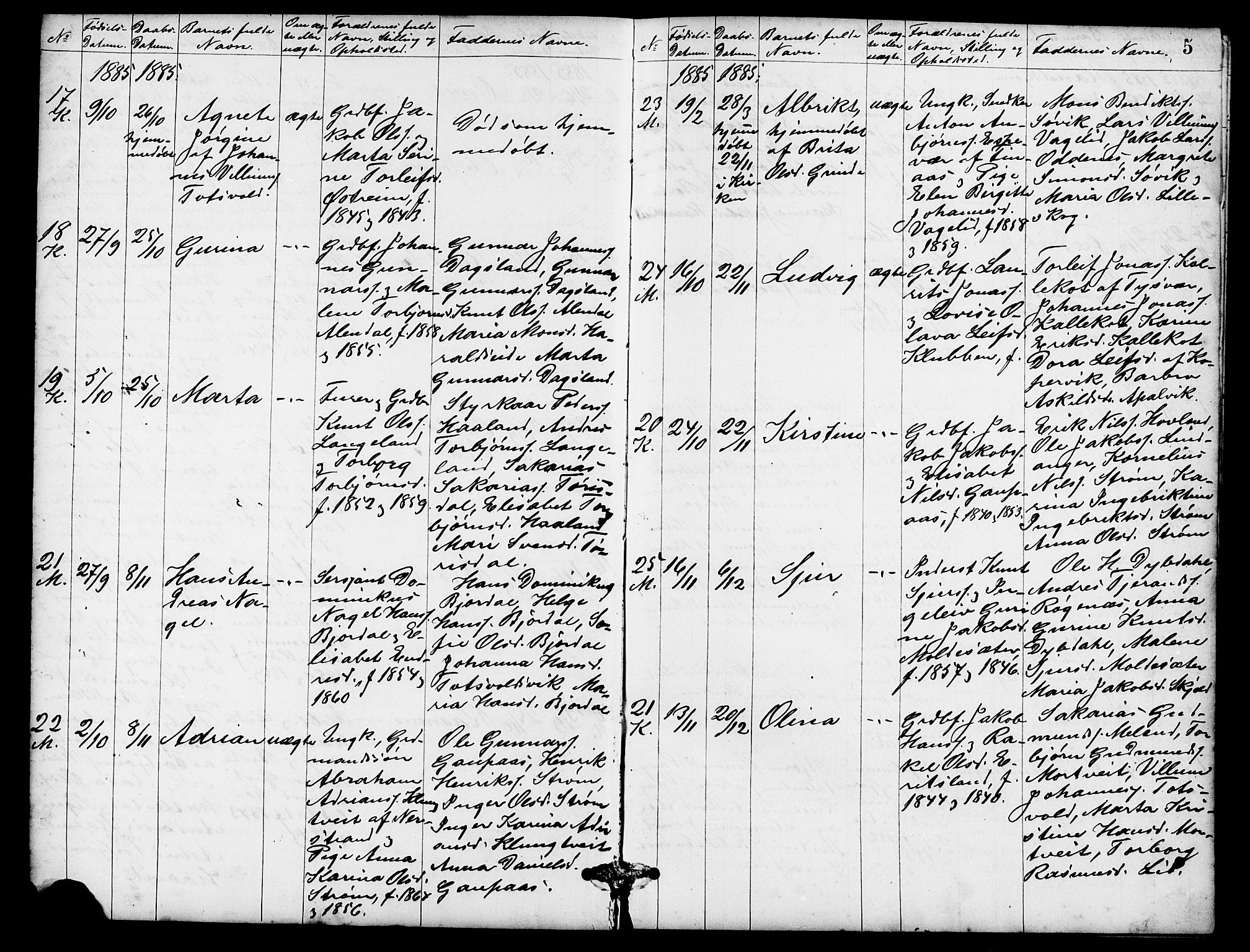 Skjold sokneprestkontor, SAST/A-101847/H/Ha/Hab/L0007: Parish register (copy) no. B 7, 1885-1906, p. 5