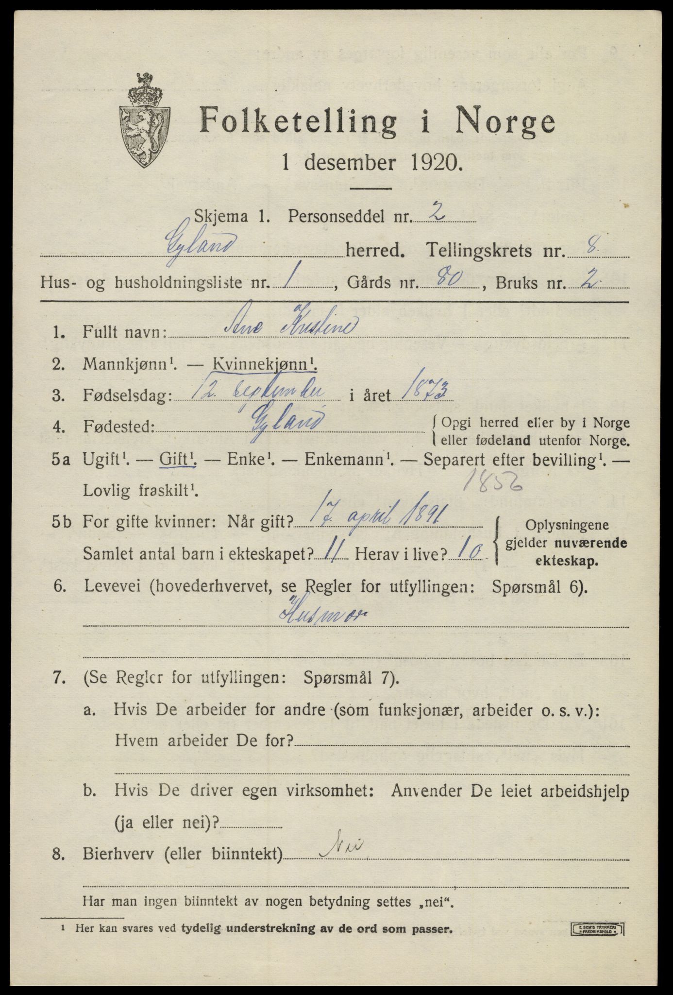 SAK, 1920 census for Gyland, 1920, p. 1638