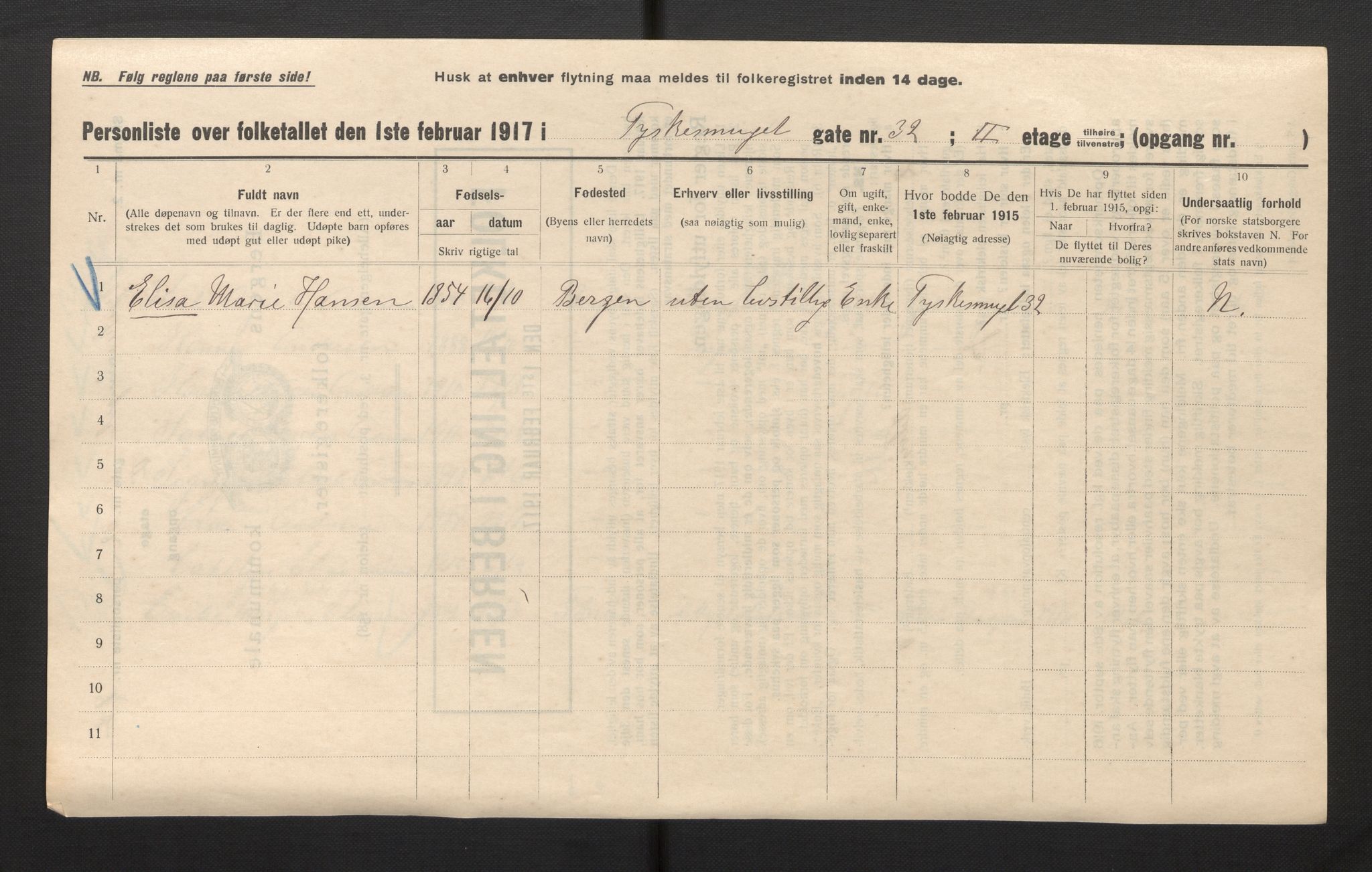 SAB, Municipal Census 1917 for Bergen, 1917, p. 43437