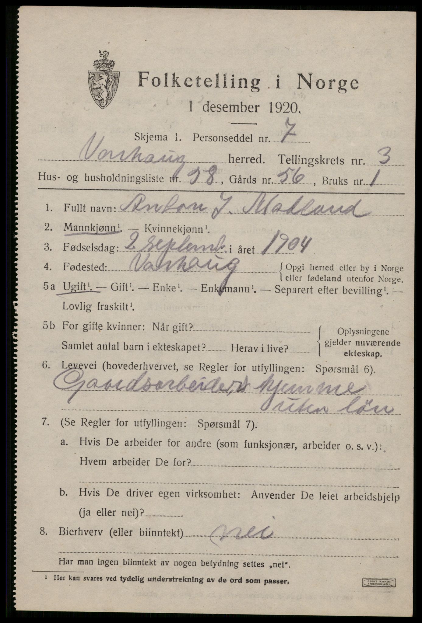 SAST, 1920 census for Varhaug, 1920, p. 3611