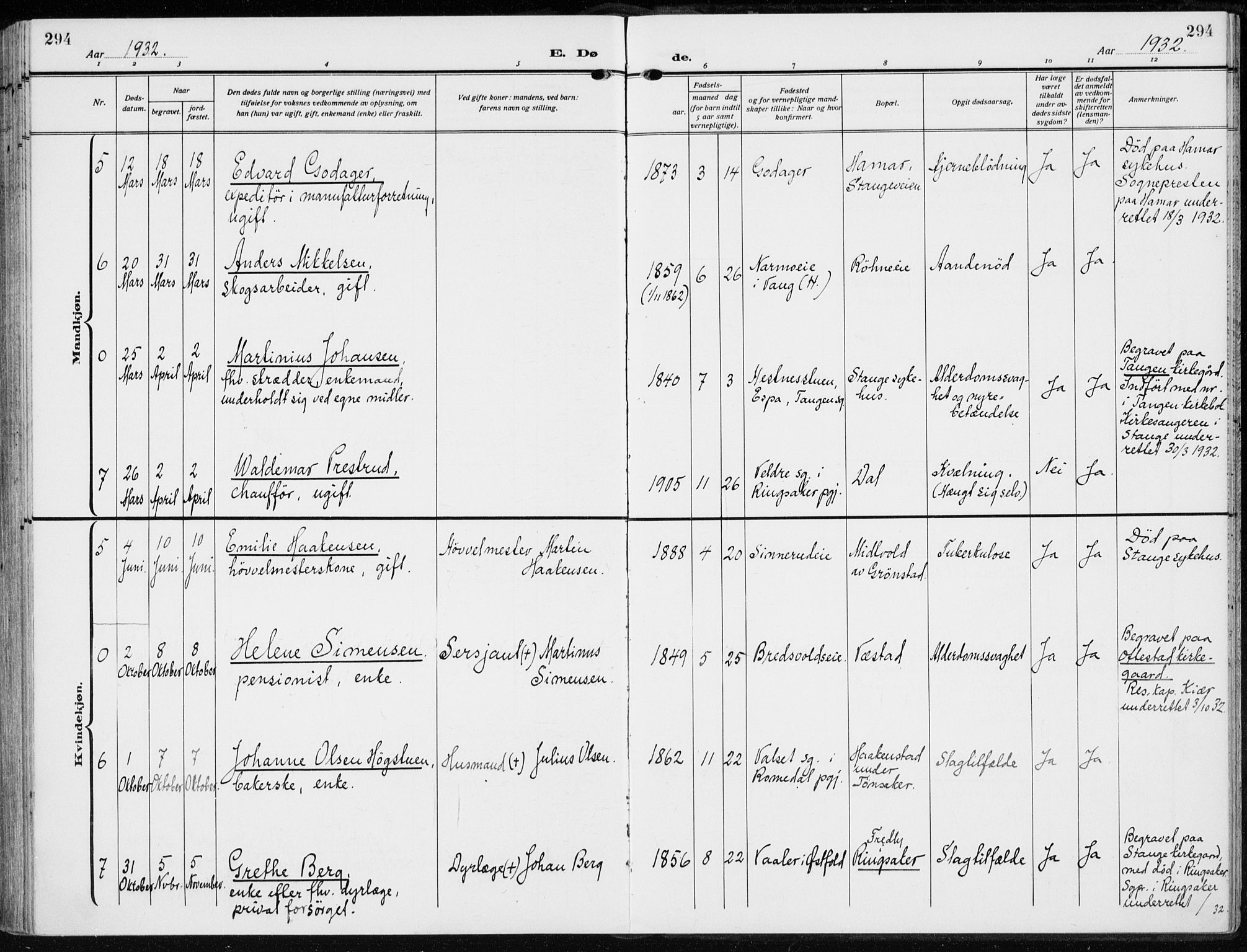 Stange prestekontor, AV/SAH-PREST-002/K/L0026: Parish register (official) no. 26, 1923-1937, p. 294