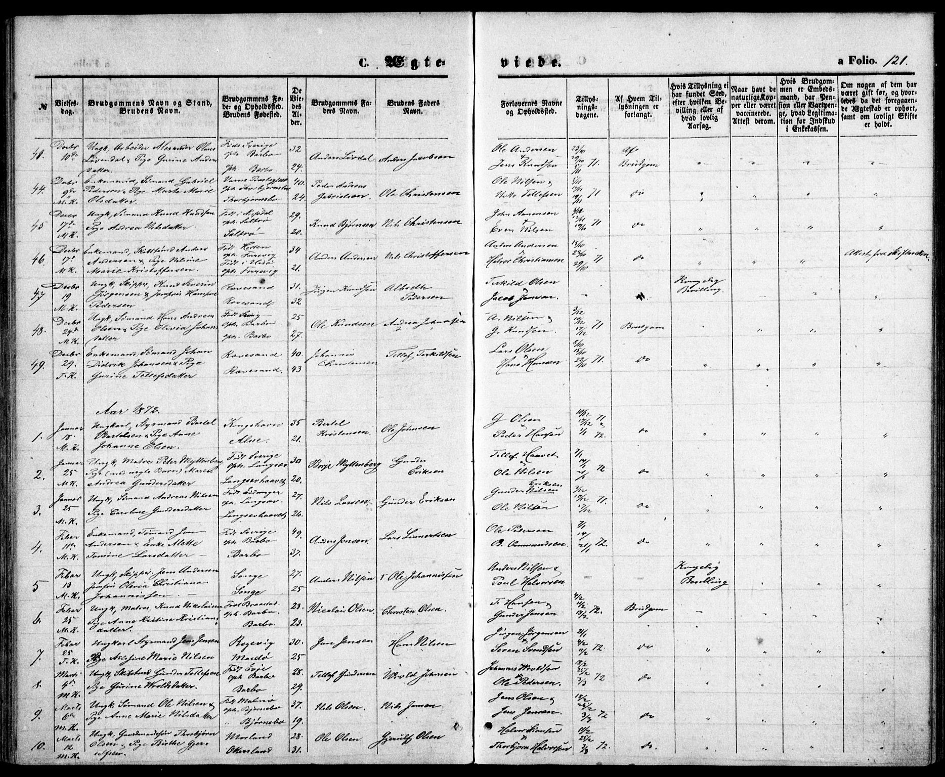 Tromøy sokneprestkontor, SAK/1111-0041/F/Fb/L0004: Parish register (copy) no. B 4, 1869-1877, p. 121