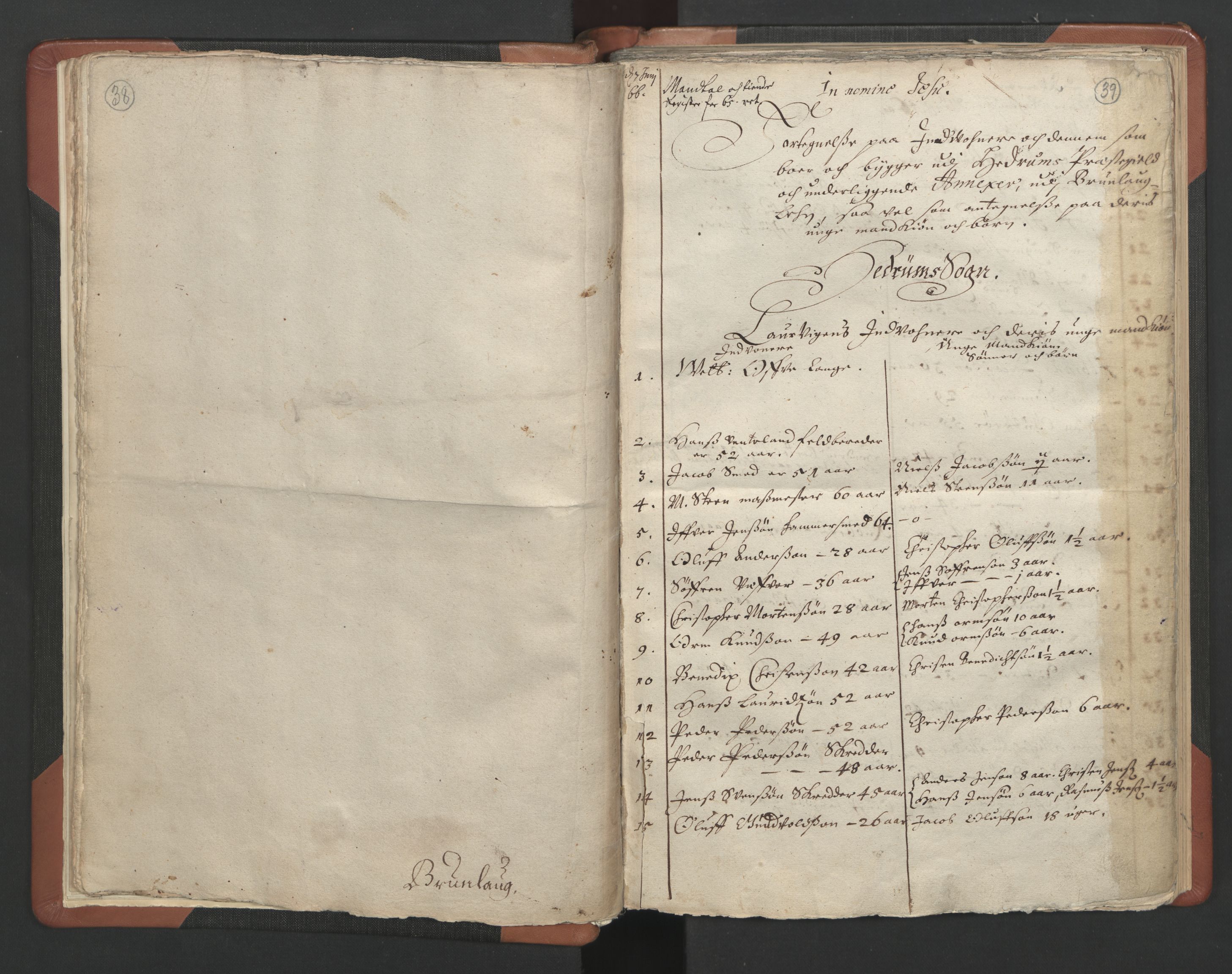 RA, Vicar's Census 1664-1666, no. 11: Brunlanes deanery, 1664-1666, p. 38-39