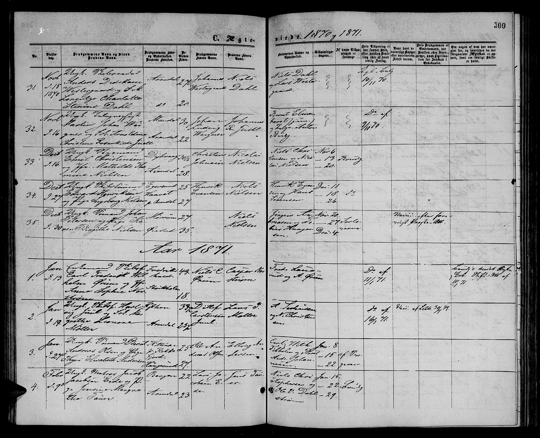 Arendal sokneprestkontor, Trefoldighet, SAK/1111-0040/F/Fb/L0004: Parish register (copy) no. B 4, 1861-1873, p. 300