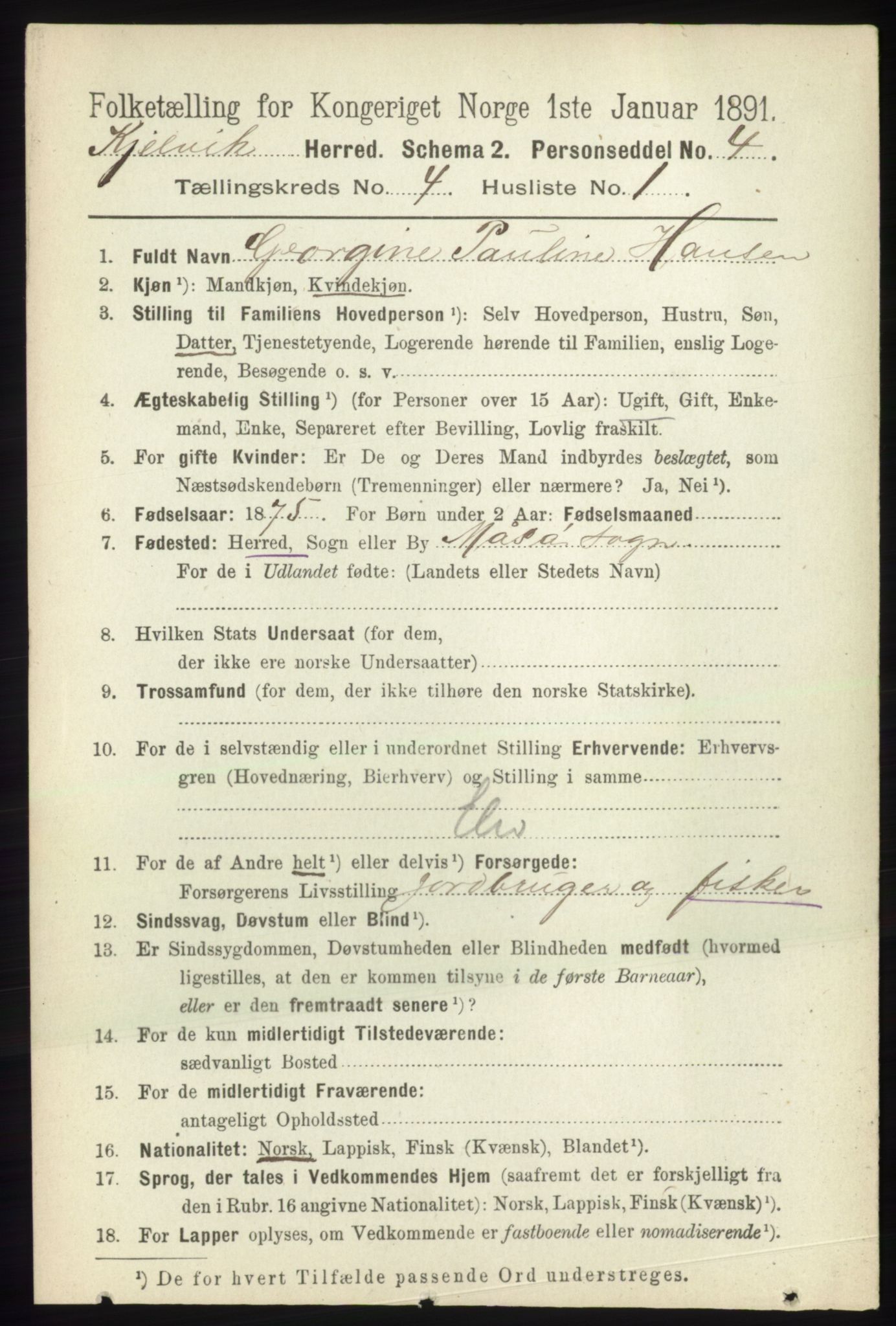 RA, 1891 census for 2019 Kjelvik, 1891, p. 427