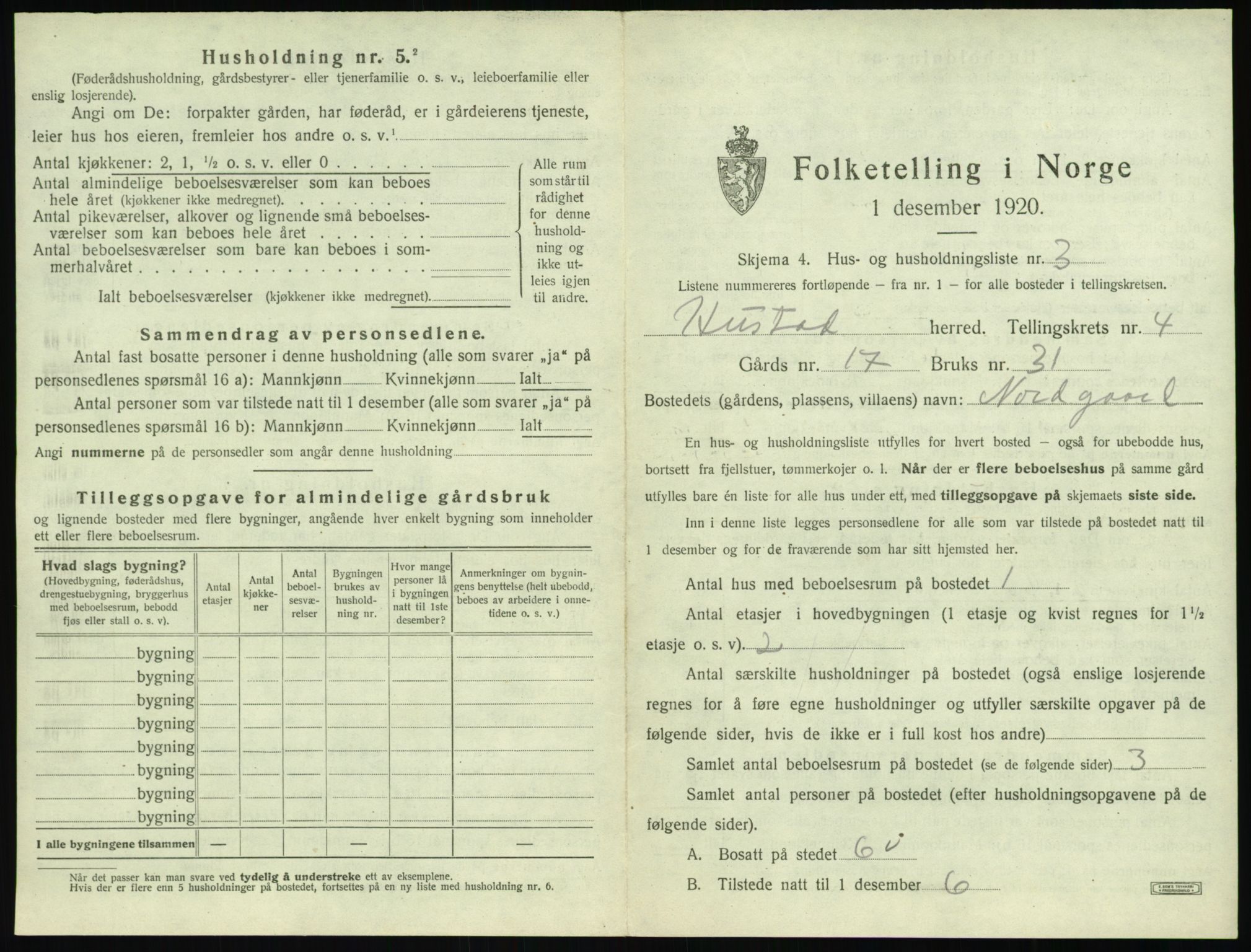 SAT, 1920 census for Hustad, 1920, p. 377