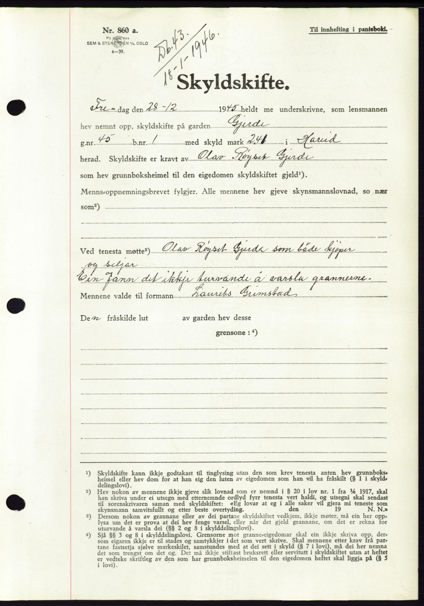 Søre Sunnmøre sorenskriveri, AV/SAT-A-4122/1/2/2C/L0077: Mortgage book no. 3A, 1945-1946, Diary no: : 43/1946