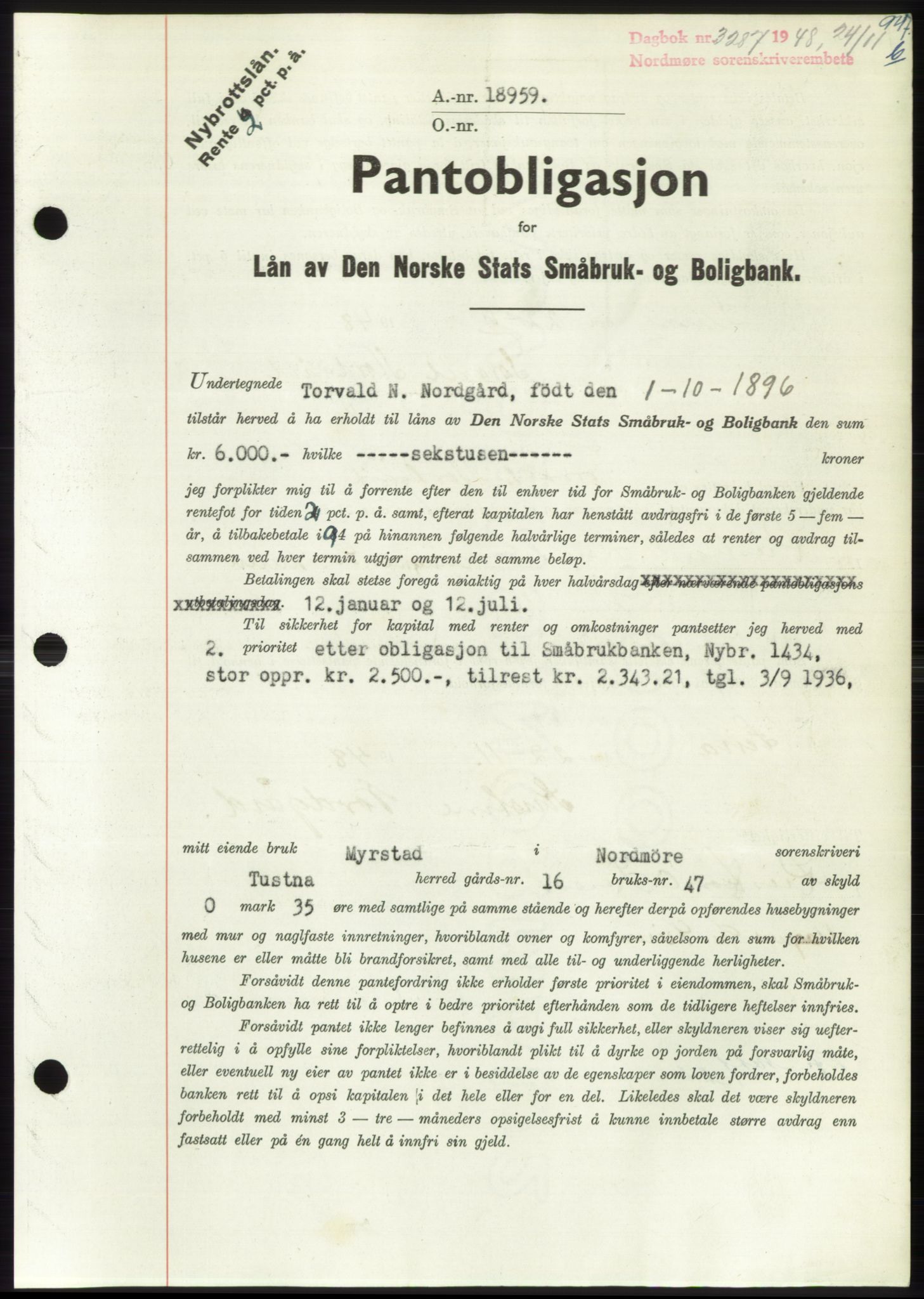 Nordmøre sorenskriveri, AV/SAT-A-4132/1/2/2Ca: Mortgage book no. B100, 1948-1949, Diary no: : 3287/1948