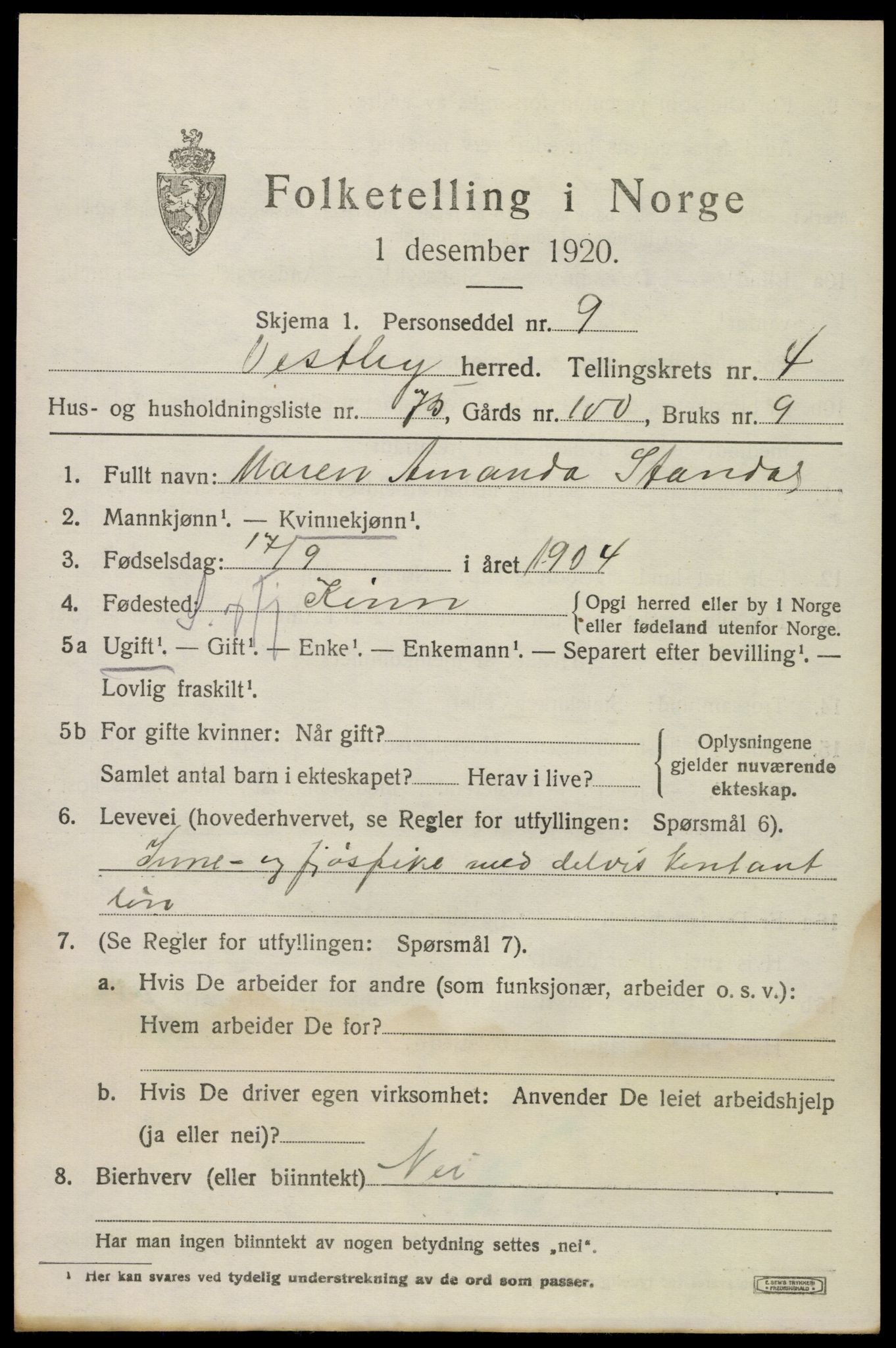 SAO, 1920 census for Vestby, 1920, p. 5269