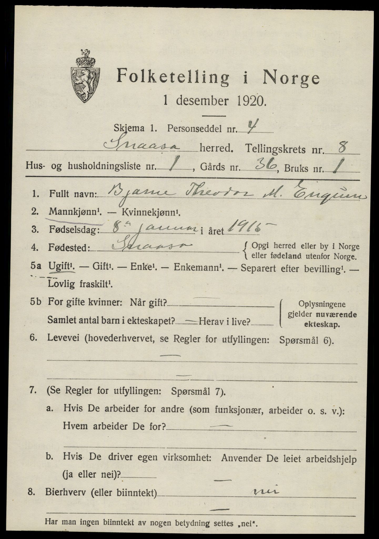 SAT, 1920 census for Snåsa, 1920, p. 3176