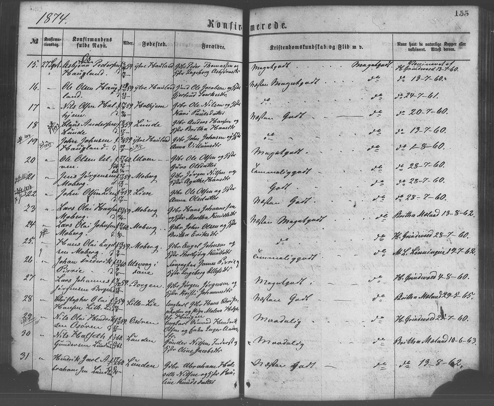Os sokneprestembete, SAB/A-99929: Parish register (official) no. A 18, 1874-1884, p. 155