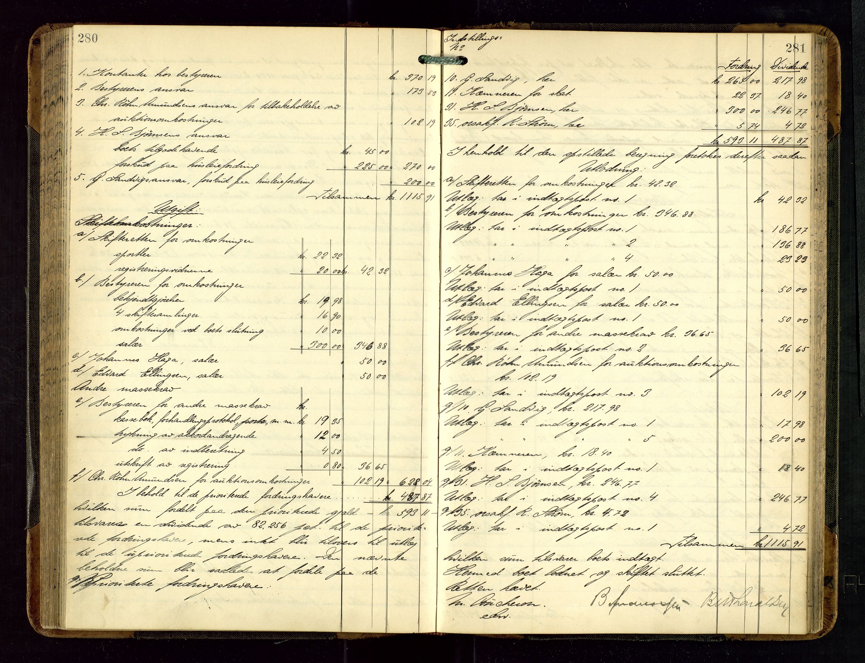 Haugesund tingrett, SAST/A-101415/01/IV/IVD/L0002: Skifteutlodningsprotokoll, med register, 1904-1915, p. 280-281