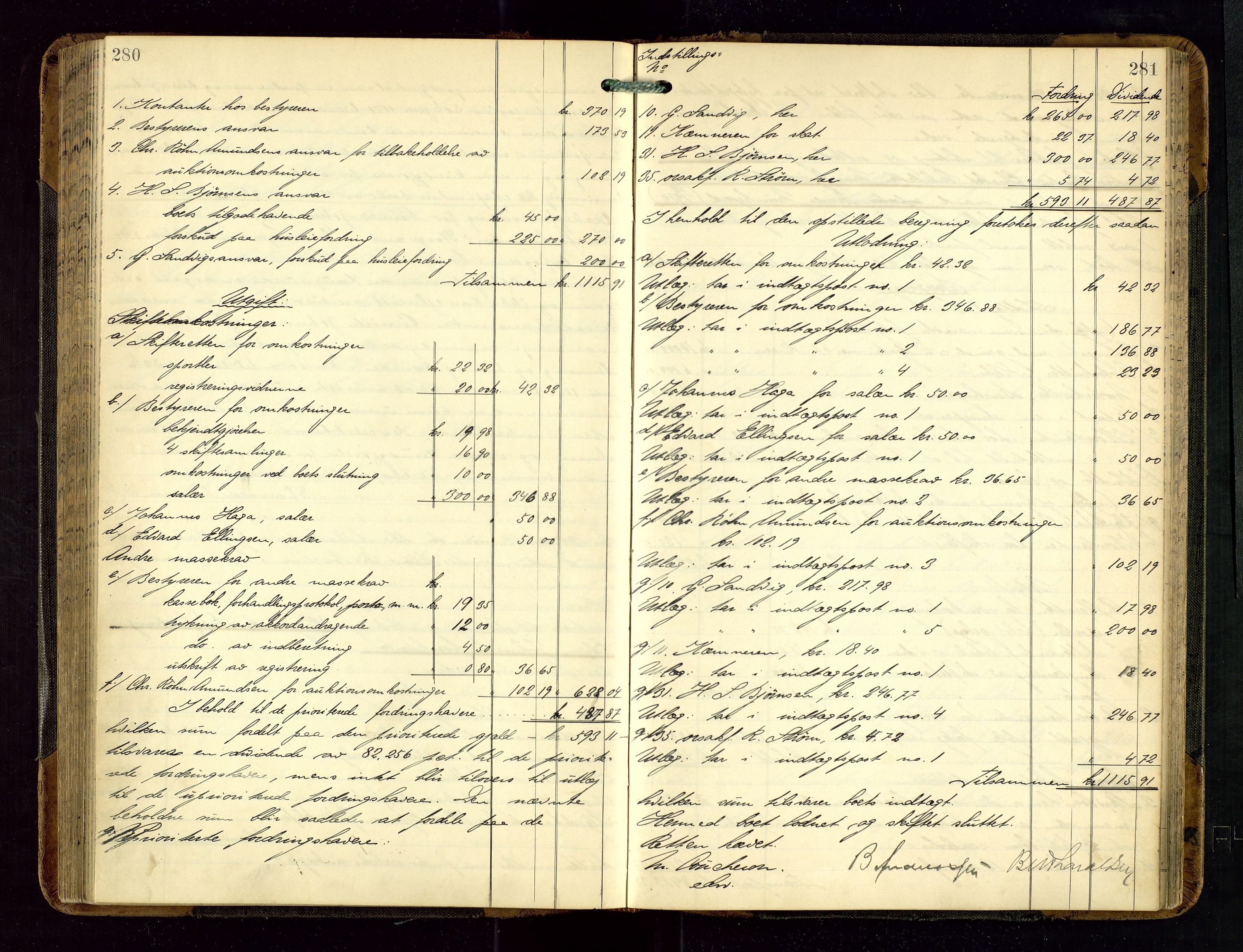 Haugesund tingrett, AV/SAST-A-101415/01/IV/IVD/L0002: Skifteutlodningsprotokoll, med register, 1904-1915, p. 280-281