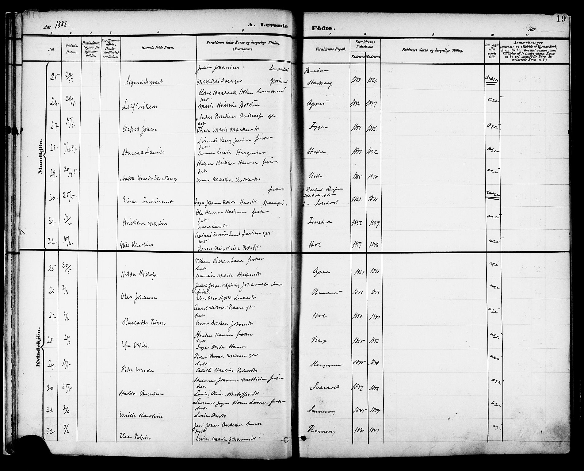 Ministerialprotokoller, klokkerbøker og fødselsregistre - Nordland, AV/SAT-A-1459/882/L1179: Parish register (official) no. 882A01, 1886-1898, p. 19