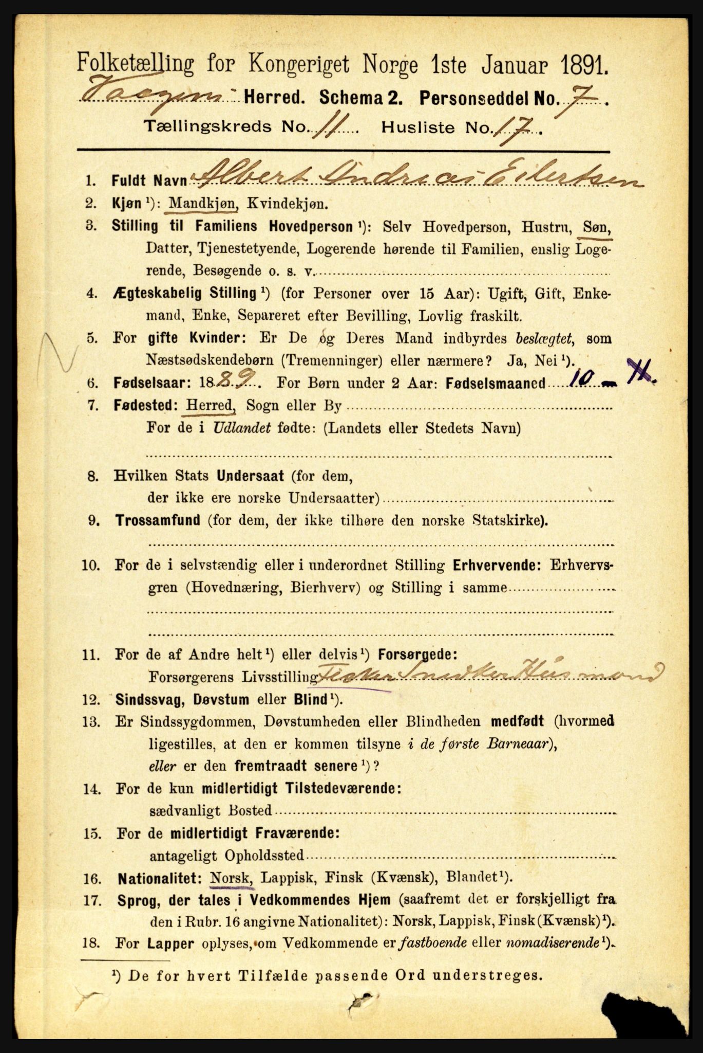 RA, 1891 census for 1865 Vågan, 1891, p. 2831