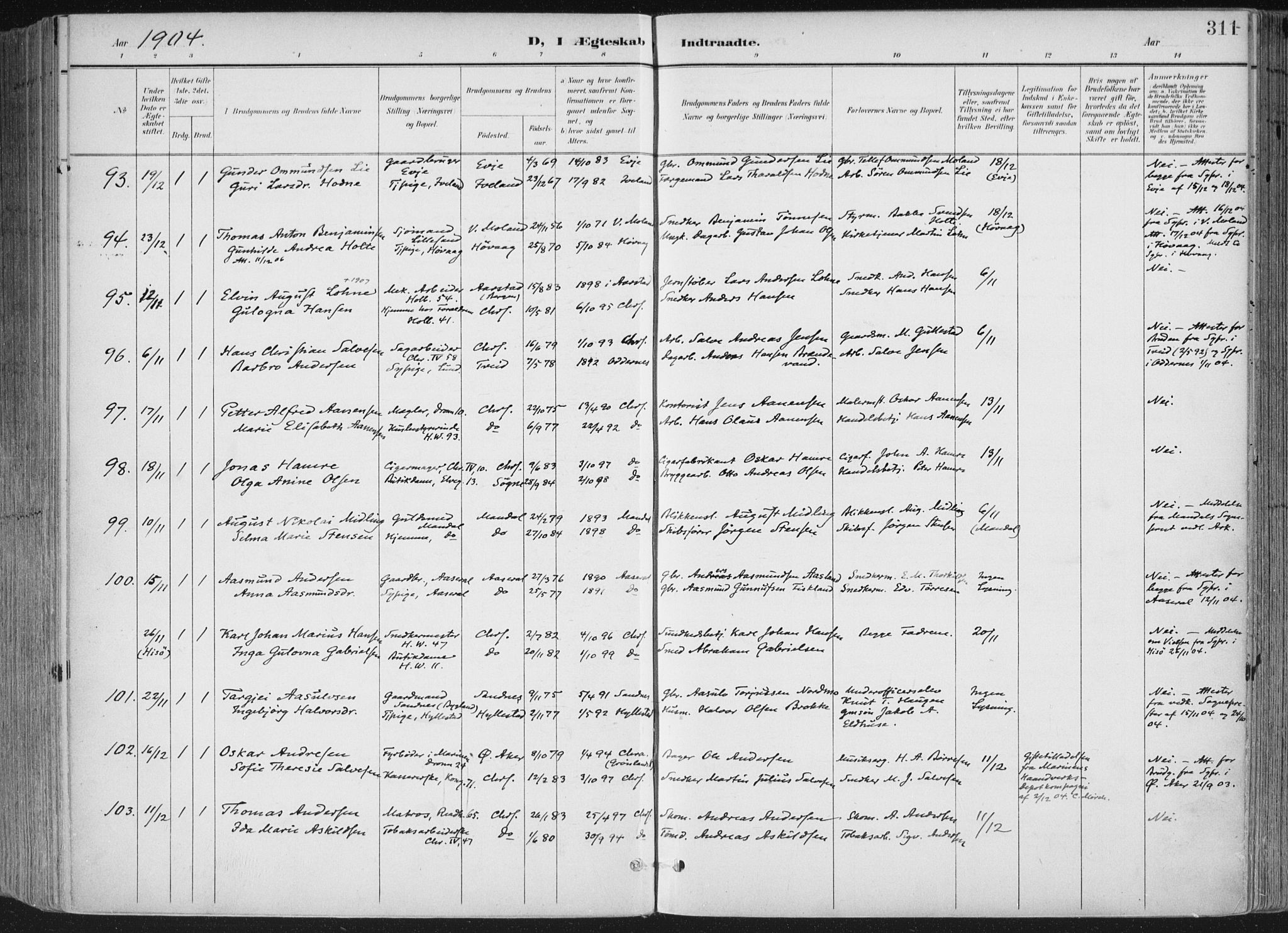 Kristiansand domprosti, AV/SAK-1112-0006/F/Fa/L0021: Parish register (official) no. A 20, 1898-1908, p. 311