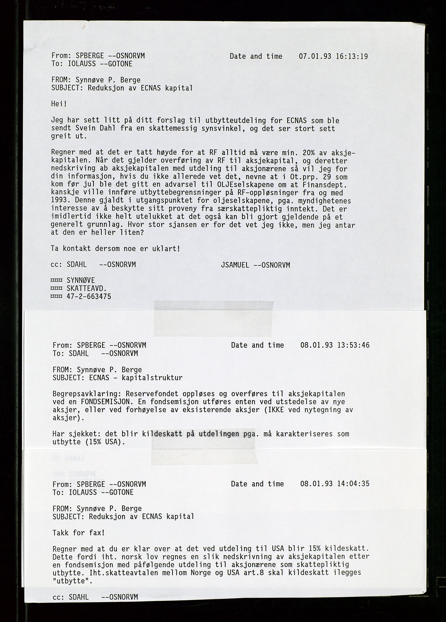 PA 1538 - Exxon Chemical Norge A/S, AV/SAST-A-101958/A/Aa/L0002/0003: Styredokumenter / Styremøter og generalforsamling, 1992-1995