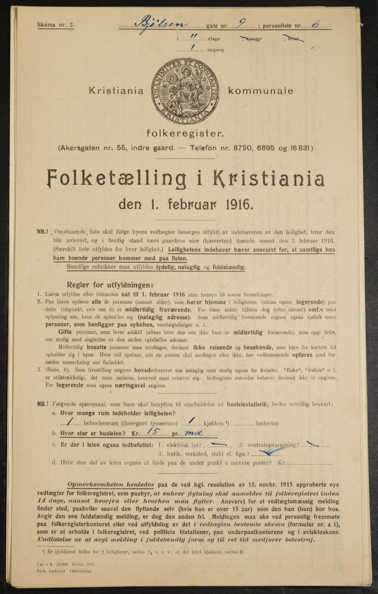OBA, Municipal Census 1916 for Kristiania, 1916, p. 6537