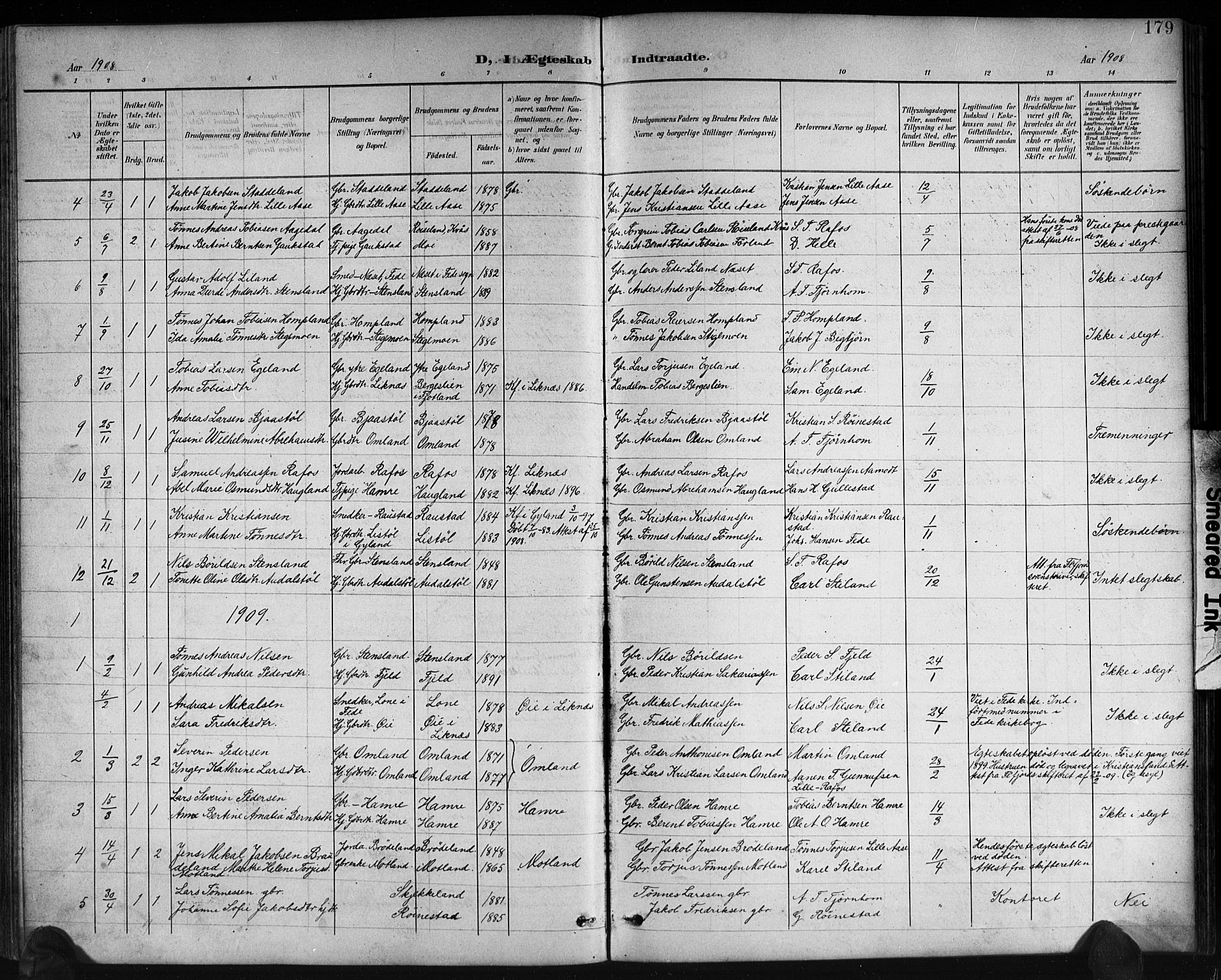 Kvinesdal sokneprestkontor, AV/SAK-1111-0026/F/Fb/Fbb/L0003: Parish register (copy) no. B 3, 1898-1916, p. 179