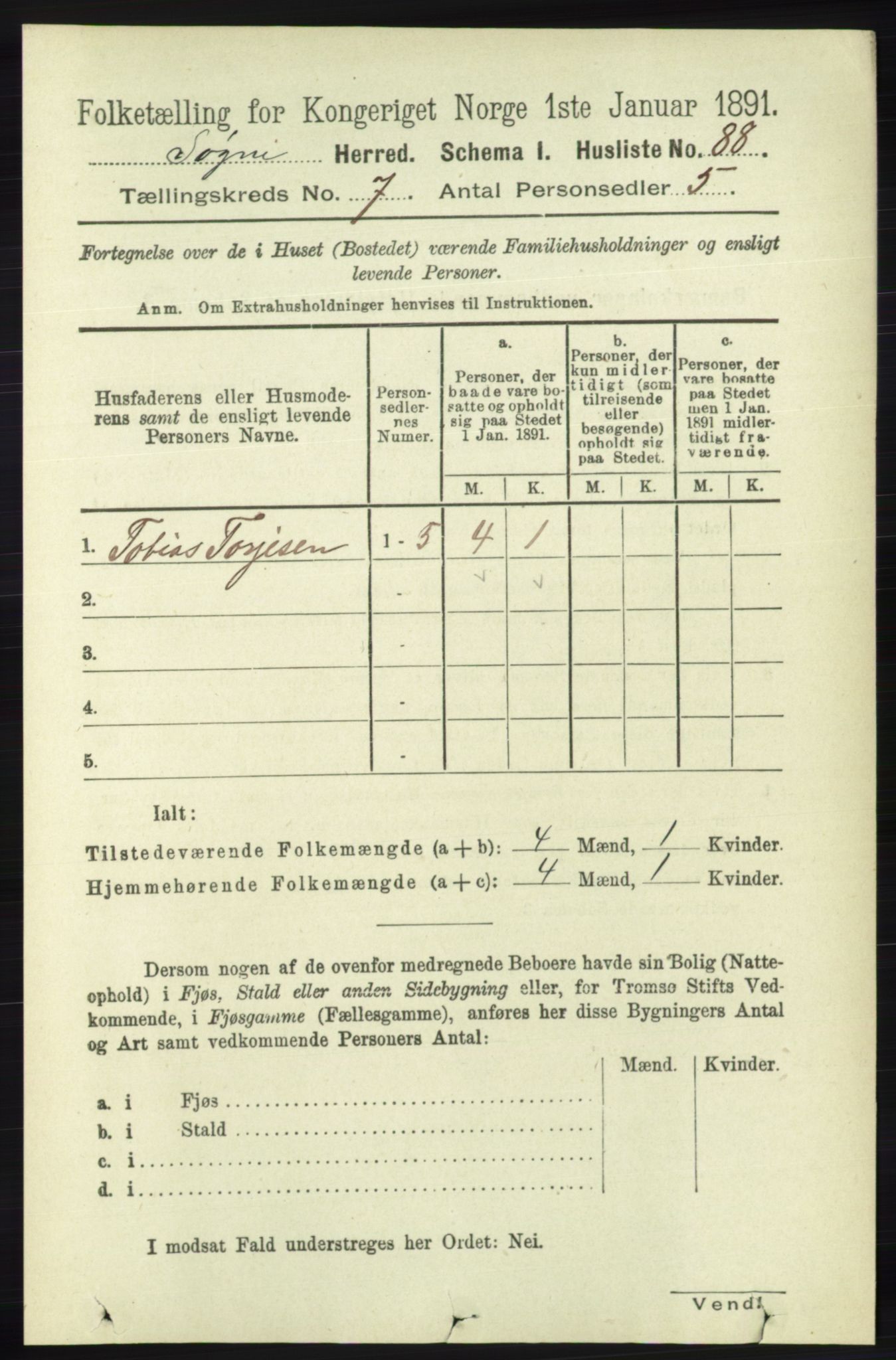 RA, 1891 census for 1018 Søgne, 1891, p. 1511