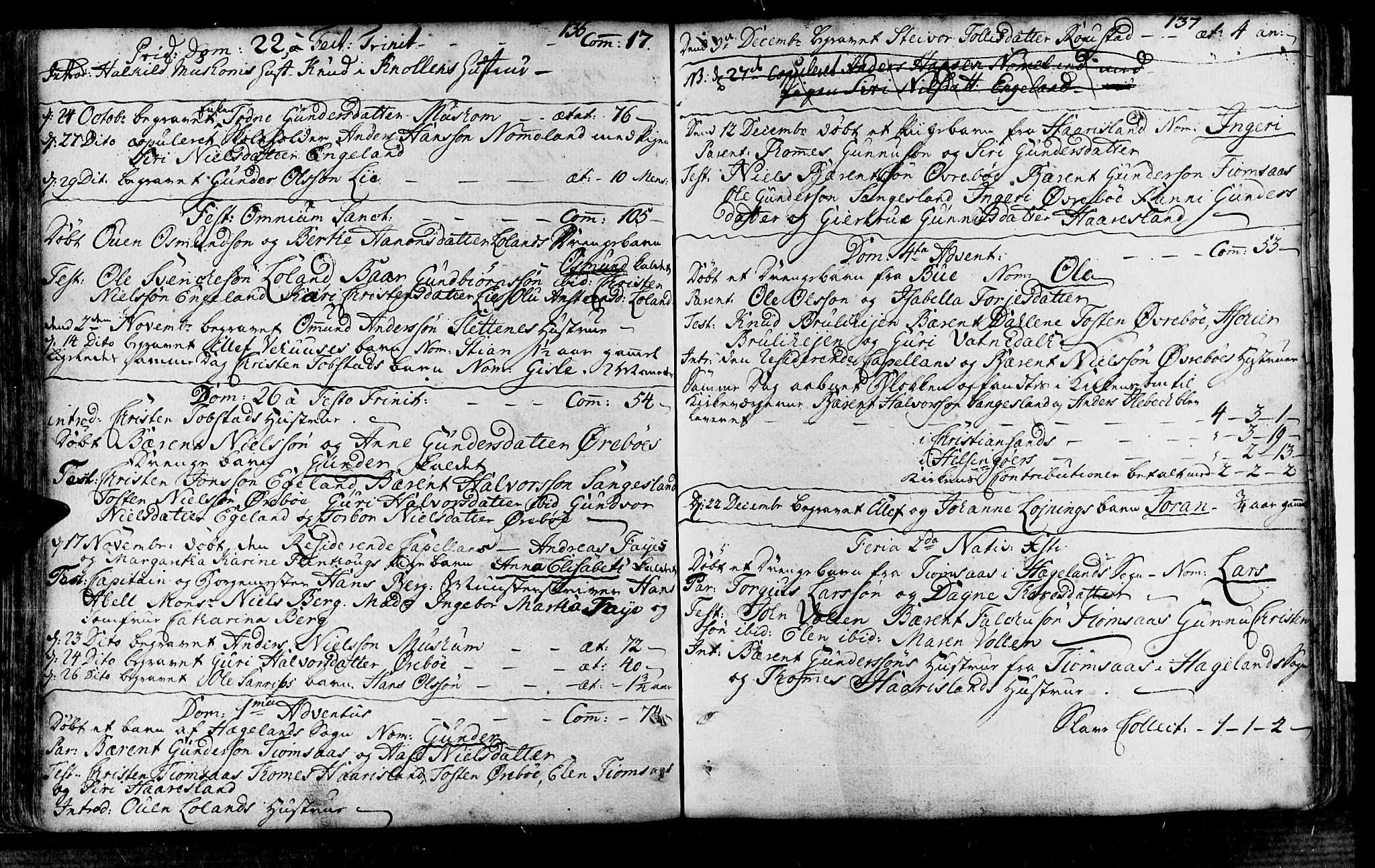 Vennesla sokneprestkontor, SAK/1111-0045/Fa/Fac/L0001: Parish register (official) no. A 1, 1743-1784, p. 136-137