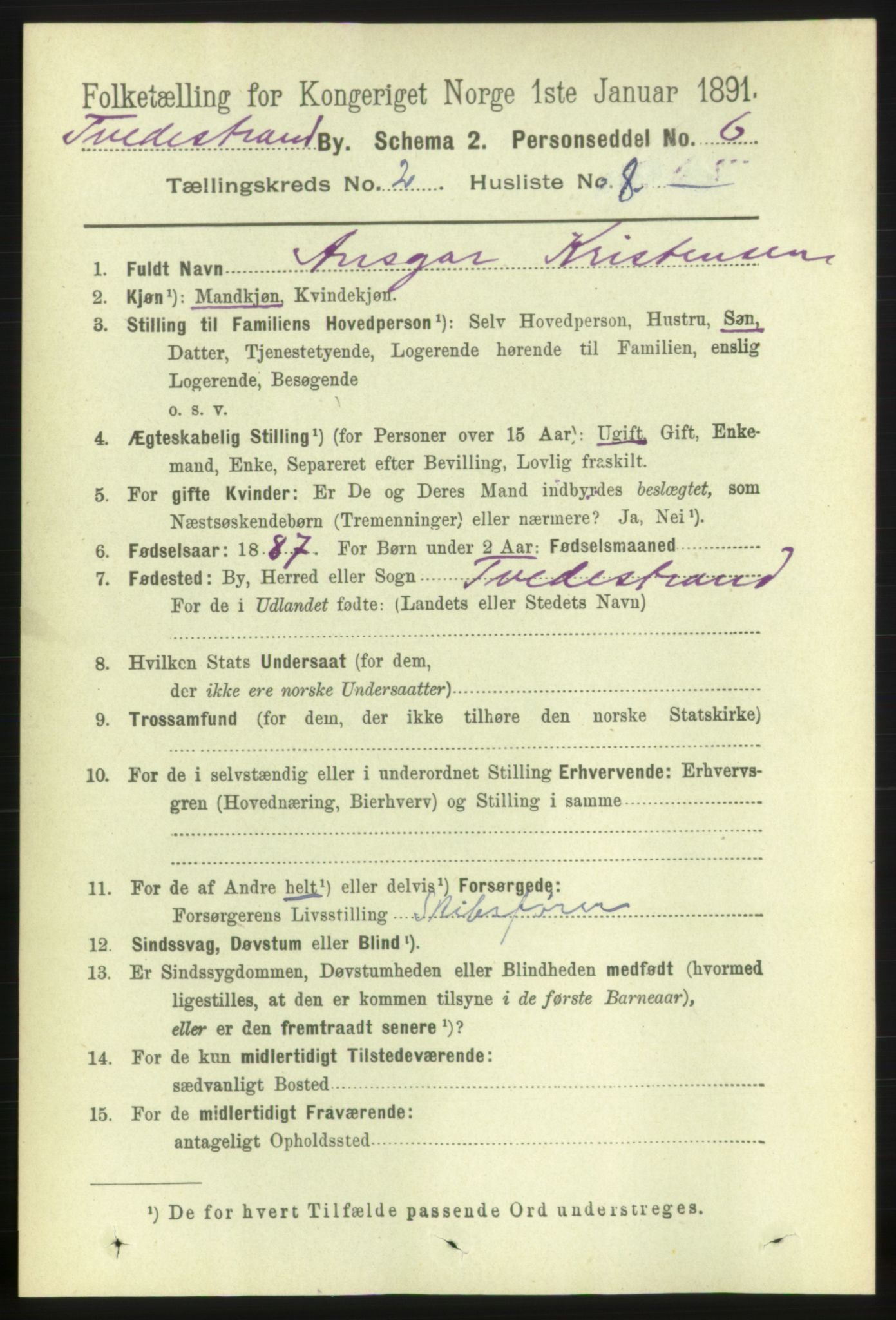 RA, 1891 census for 0902 Tvedestrand, 1891, p. 1421