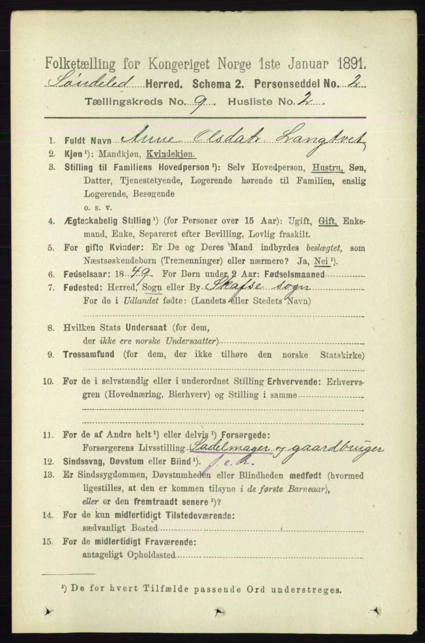 RA, 1891 census for 0913 Søndeled, 1891, p. 2871