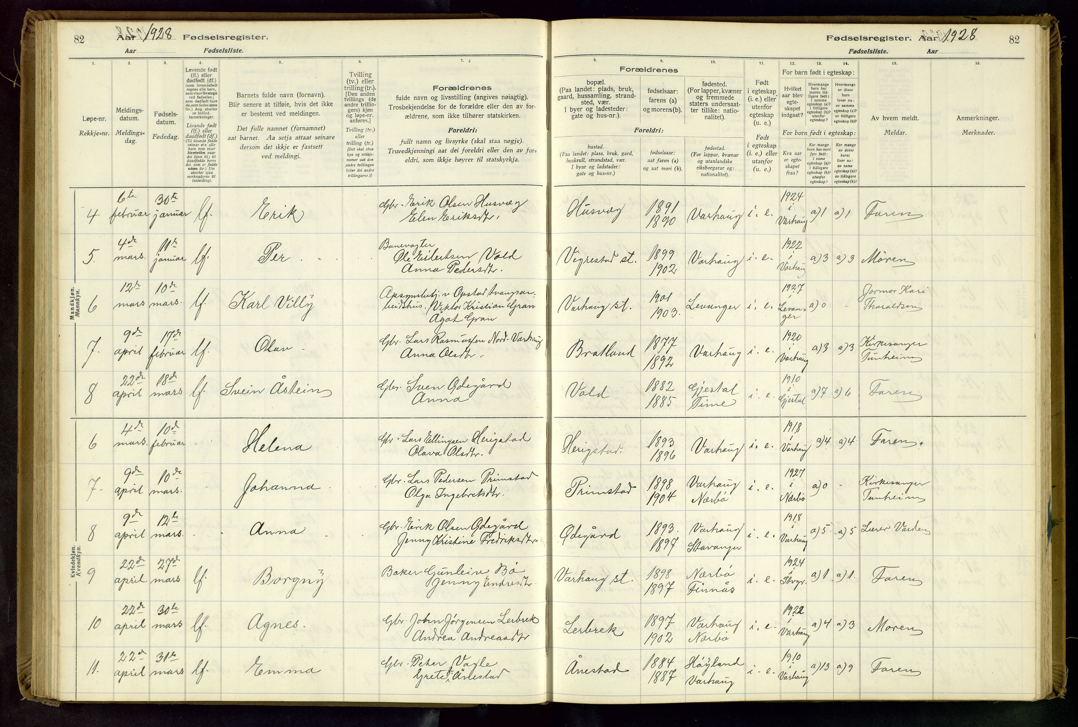 Hå sokneprestkontor, SAST/A-101801/001/704BA/L0001: Birth register no. 1, 1916-1944, p. 82