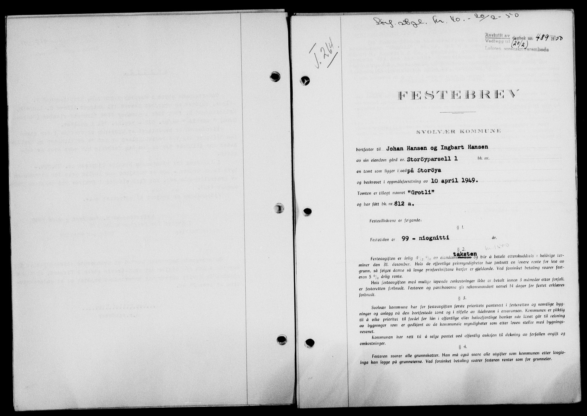 Lofoten sorenskriveri, SAT/A-0017/1/2/2C/L0023a: Mortgage book no. 23a, 1950-1950, Diary no: : 489/1950