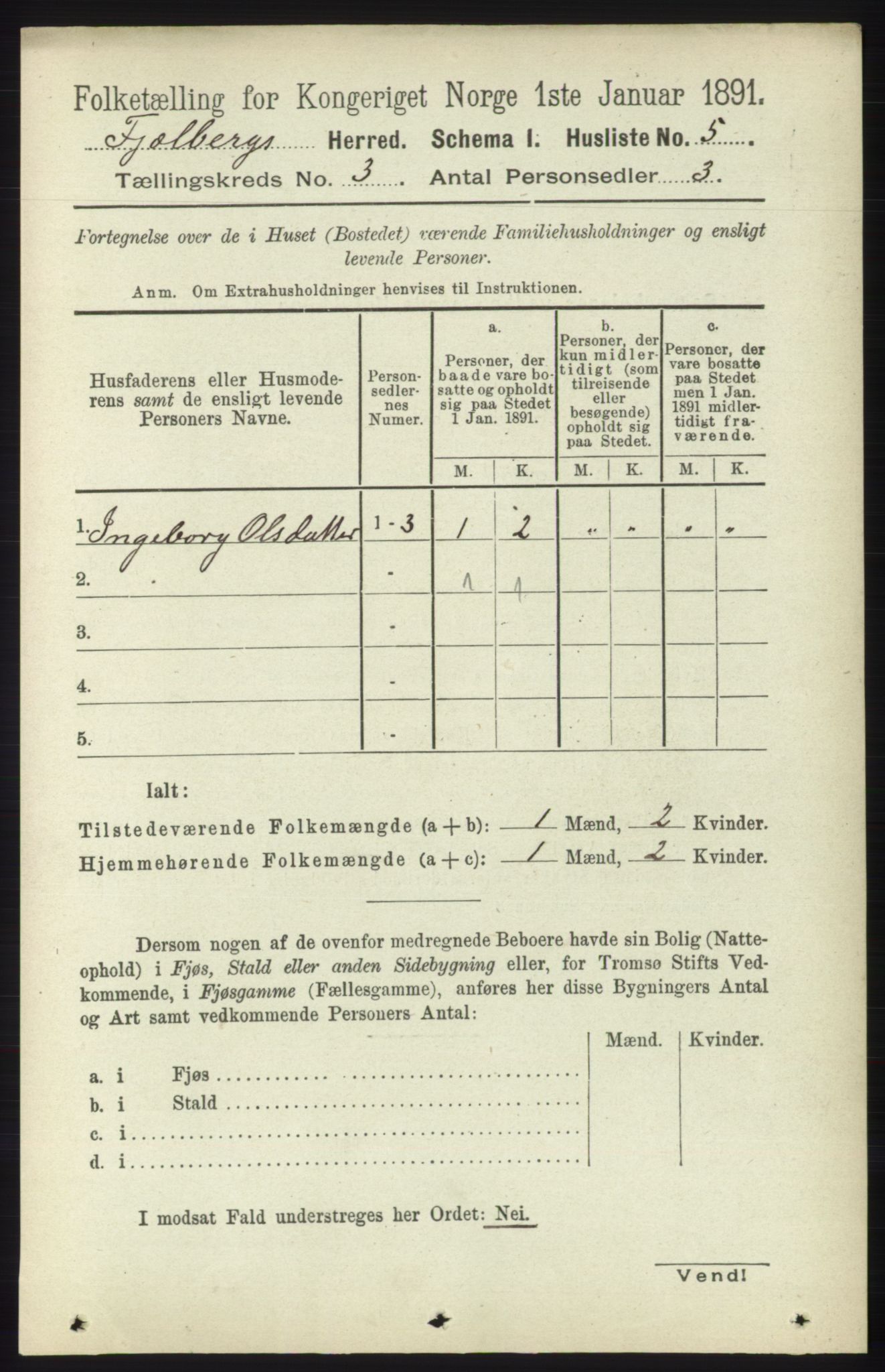 RA, 1891 census for 1213 Fjelberg, 1891, p. 725