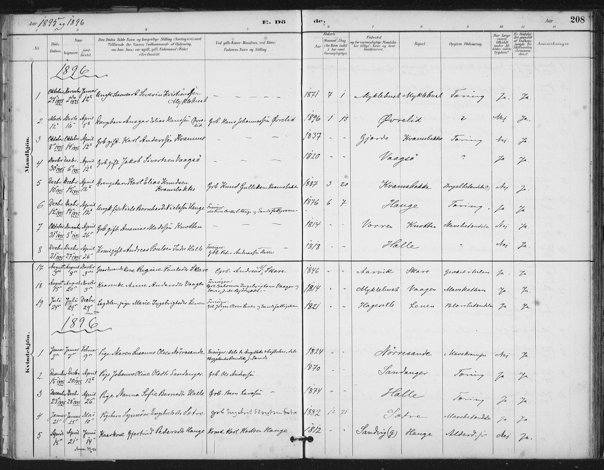 Ministerialprotokoller, klokkerbøker og fødselsregistre - Møre og Romsdal, AV/SAT-A-1454/503/L0037: Parish register (official) no. 503A05, 1884-1900, p. 208