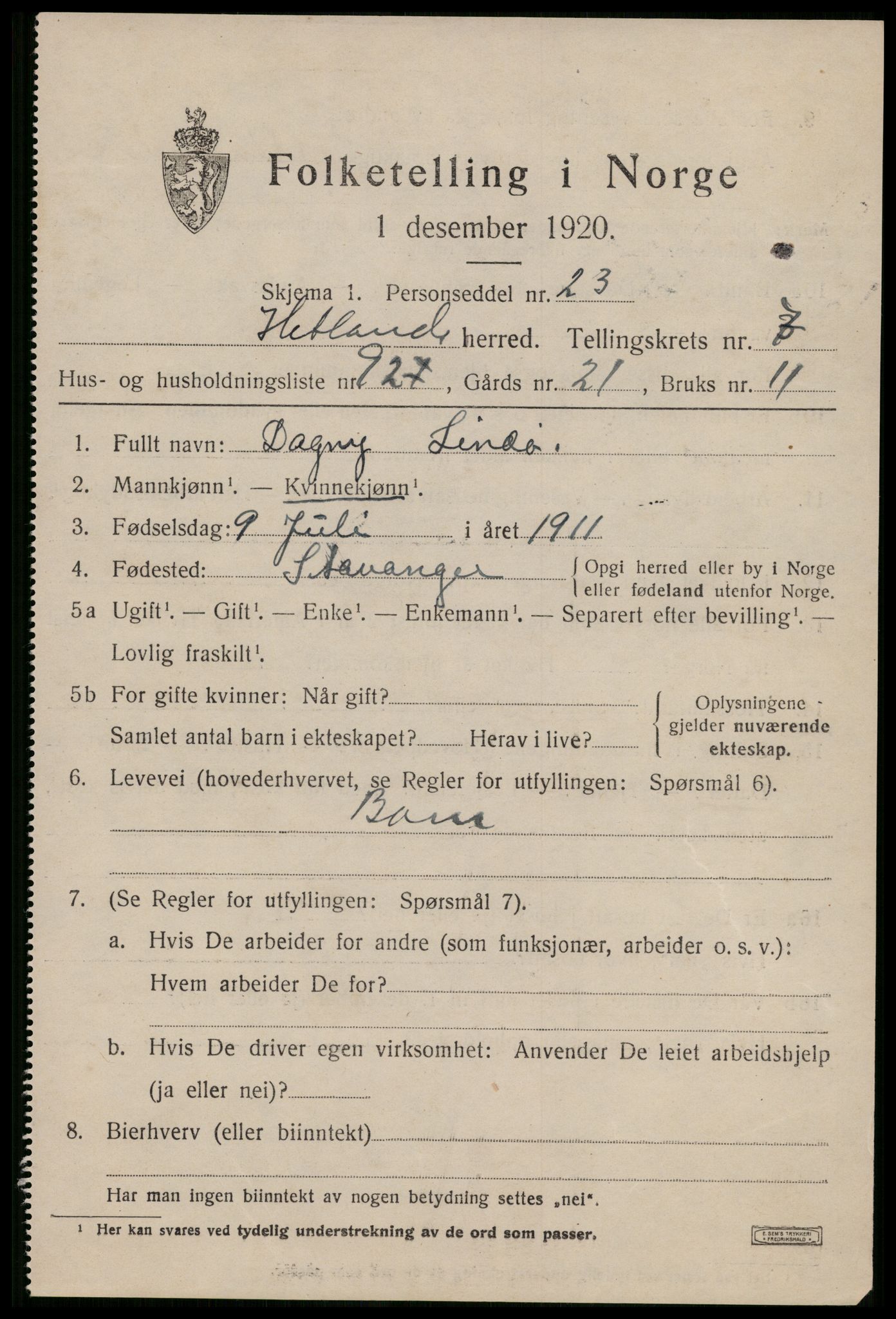 SAST, 1920 census for Hetland, 1920, p. 15439